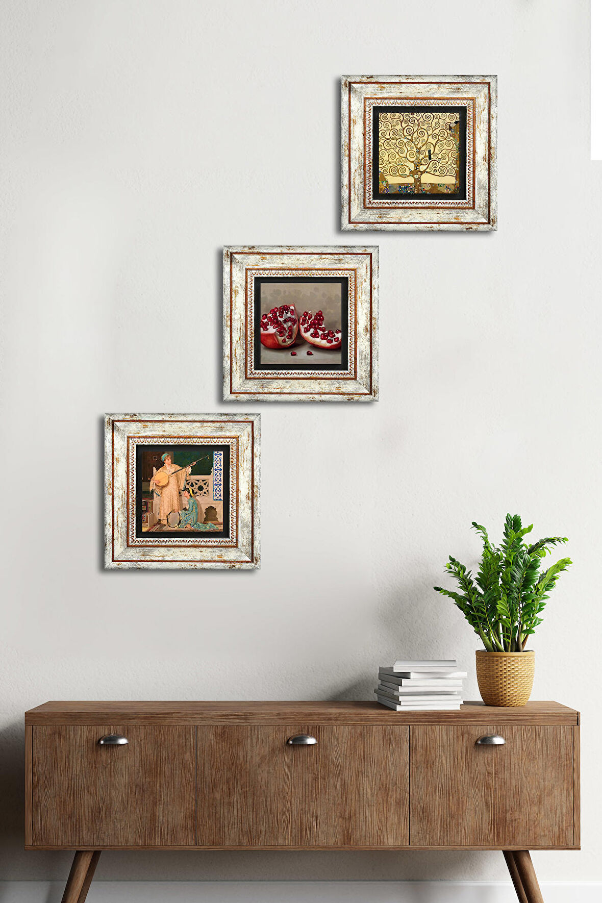 Gustav Klimt Hayat Ağacı, İki Müzisyen Kız Tablosu, Nar Taş Duvar Tablosu Çerçeveli Duvar Dekoru 3 Parça Tablo Seti Wall Art