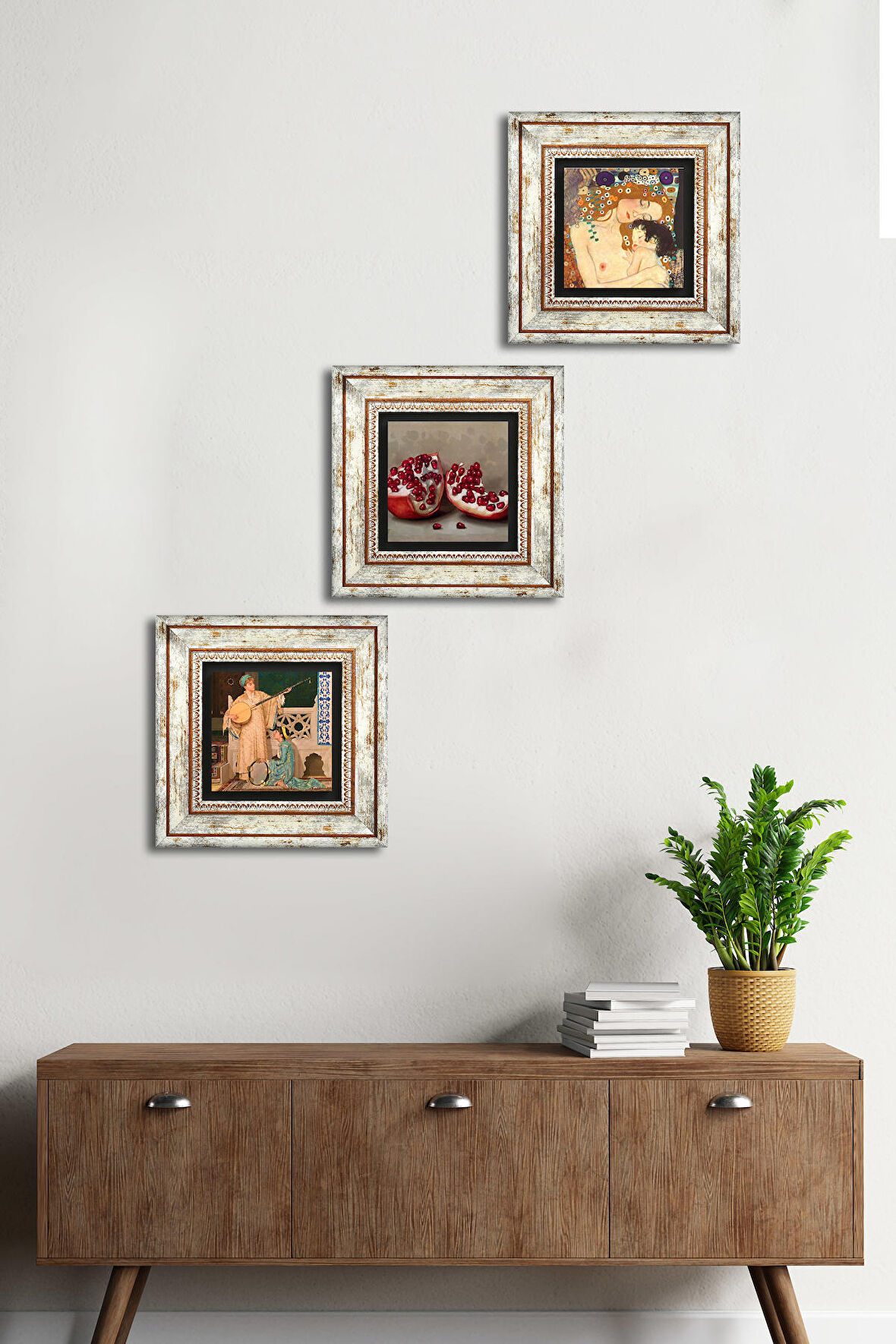 Gustav Klimt Anne Çocuk, İki Müzisyen Kız Tablosu, Nar Taş Duvar Tablosu Çerçeveli Duvar Dekoru 3 Parça Tablo Seti Wall Art