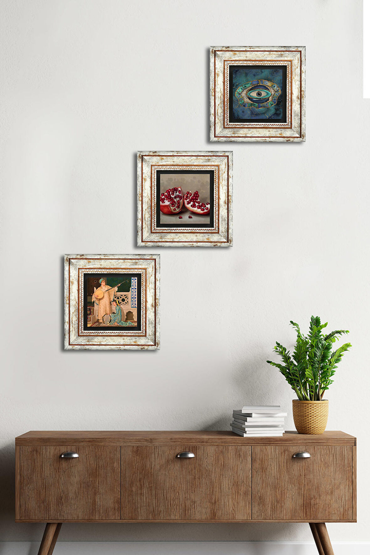 Nazar, İki Müzisyen Kız Tablosu, Nar Taş Duvar Tablosu Çerçeveli Duvar Dekoru 3 Parça Tablo Seti Wall Art