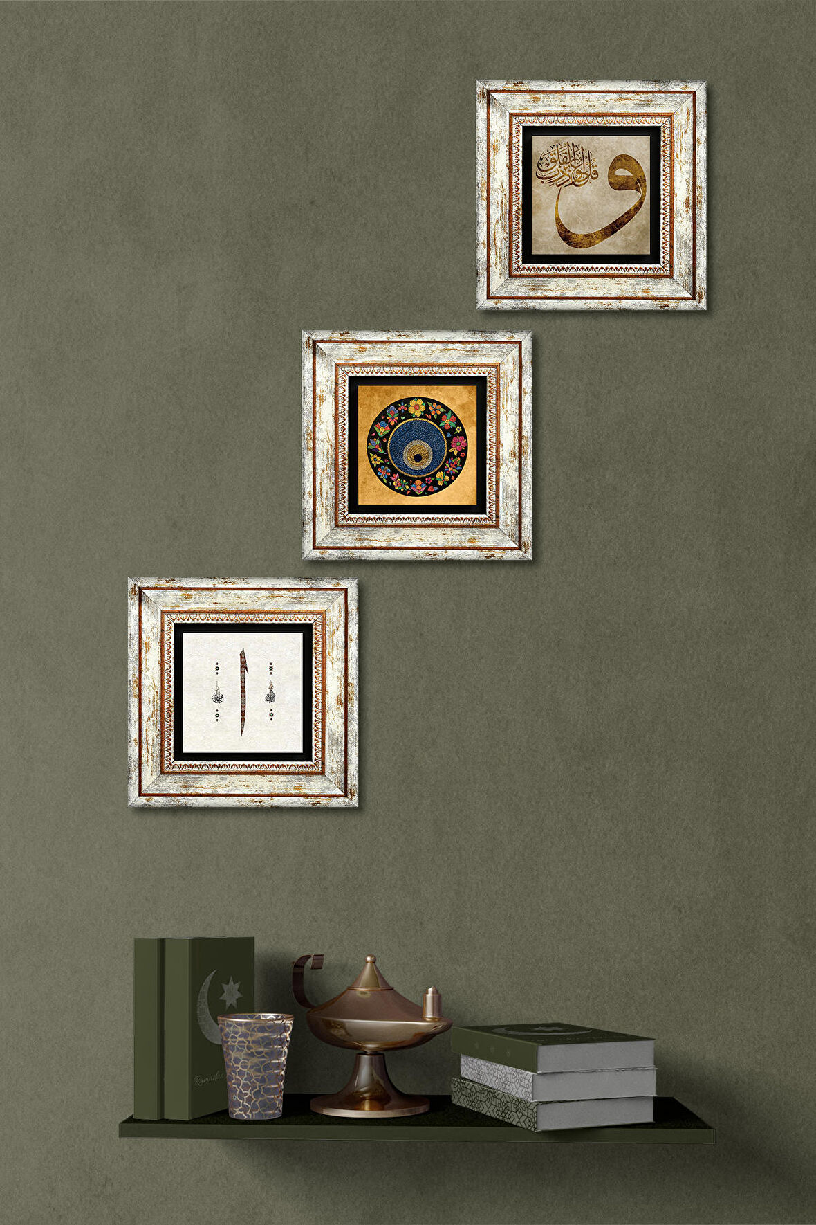 Vav, Elif, Nazar Boncuğu Taş Duvar Tablosu Çerçeveli Duvar Dekoru 3 Parça Tablo Seti Wall Art