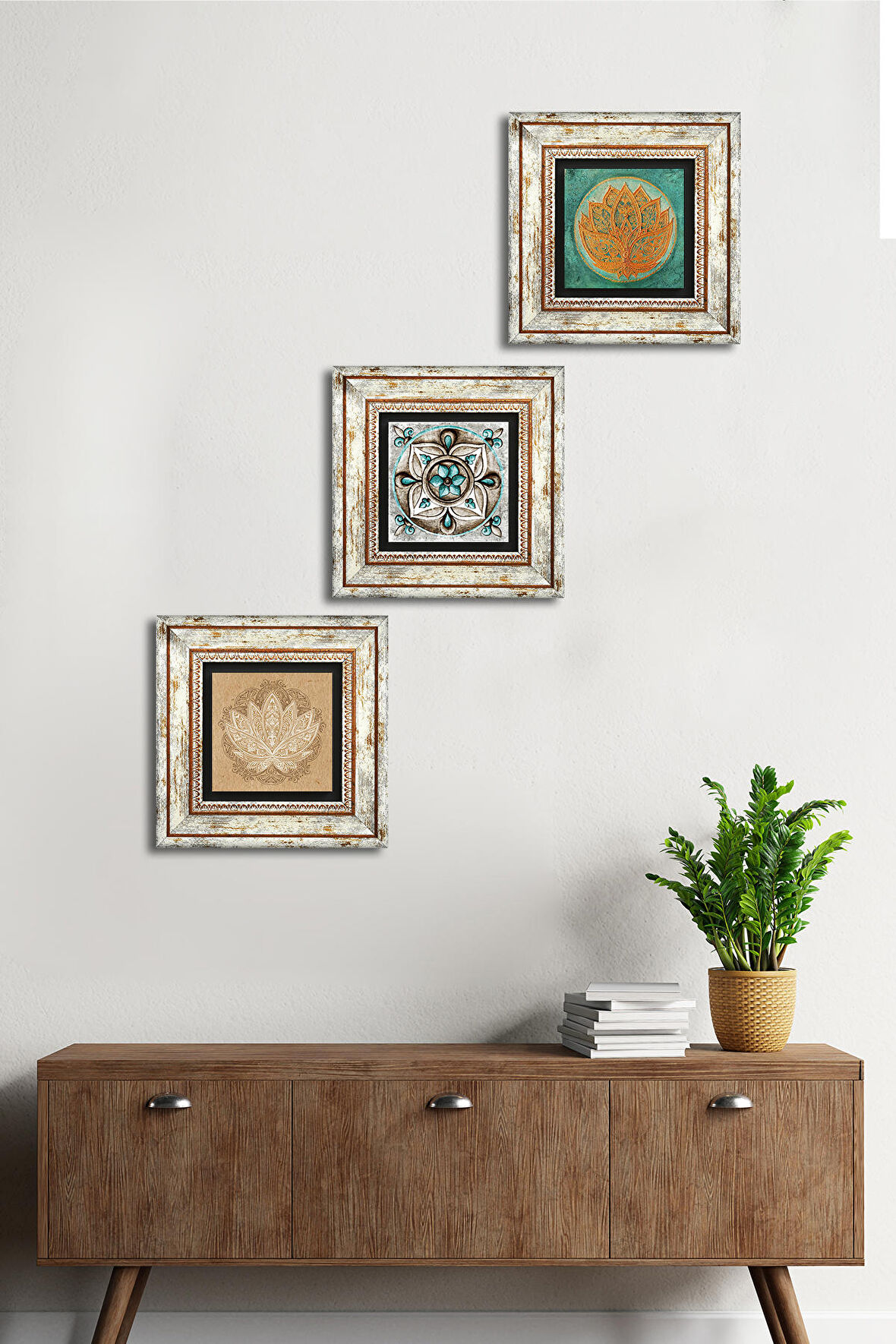 Lotus Çiçeği, Çini Sanatı Taş Duvar Tablosu Çerçeveli Duvar Dekoru 3 Parça Tablo Seti Wall Art
