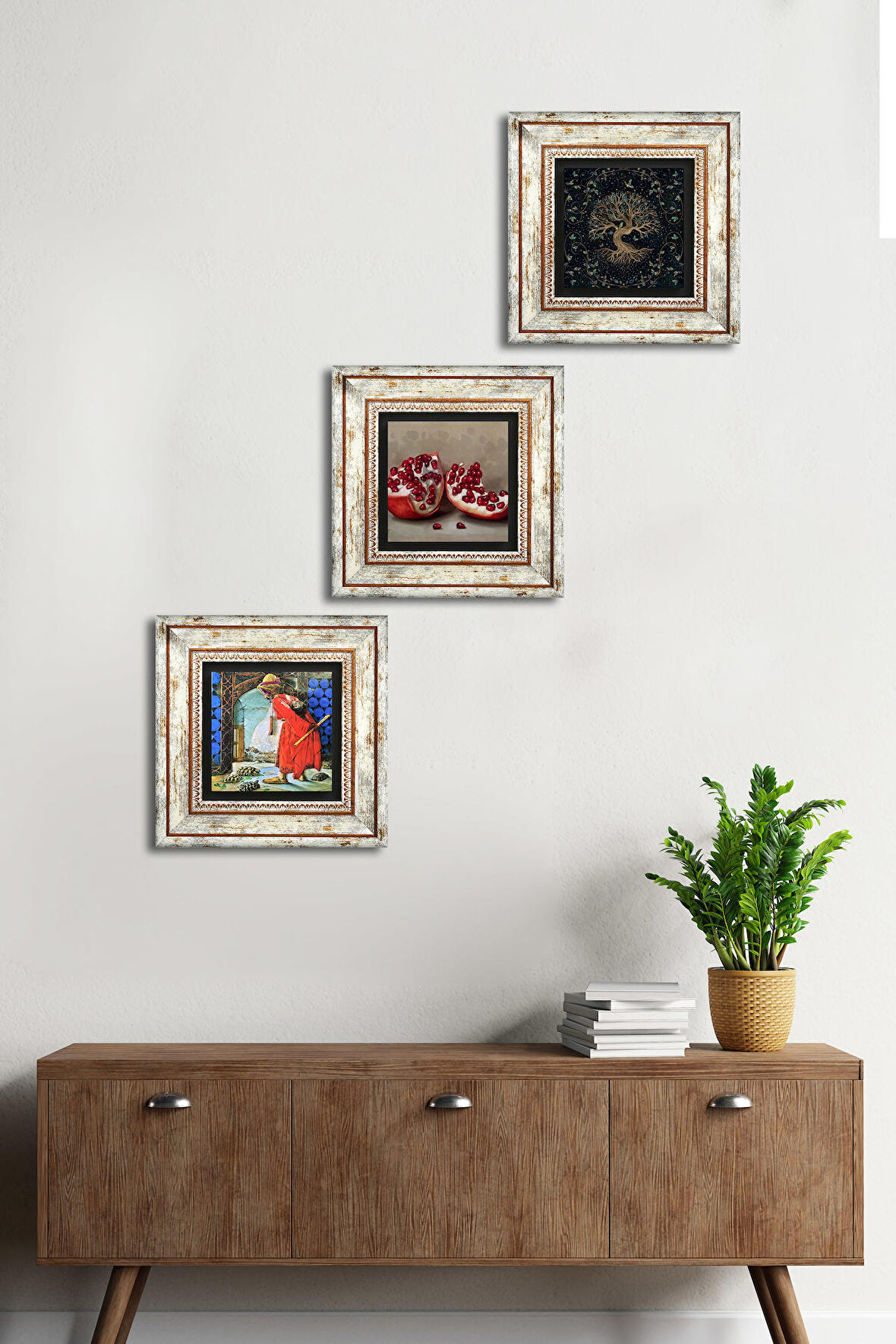 Hayat Ağacı, Kaplumbağa Terbiyecisi, Nar Taş Duvar Tablosu Çerçeveli Duvar Dekoru 3 Parça Tablo Seti Wall Art