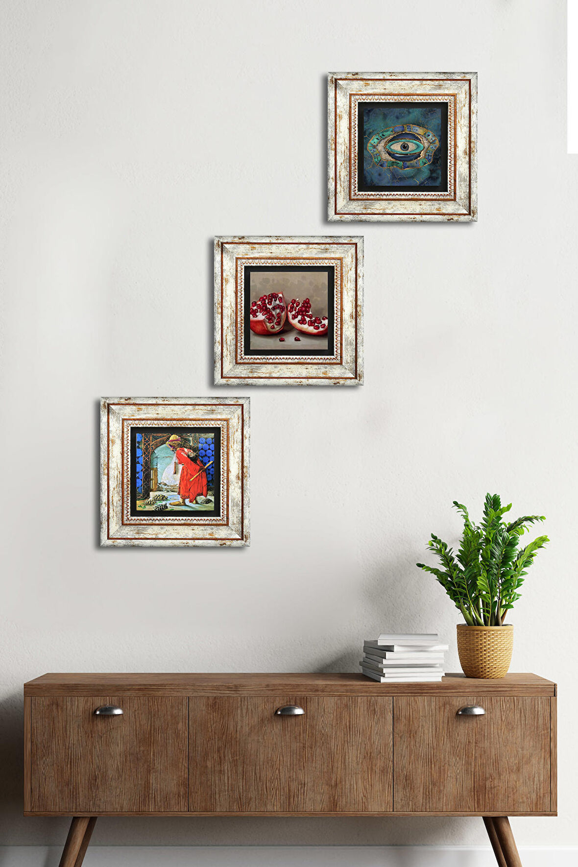 Nazar, Kaplumbağa Terbiyecisi, Nar Taş Duvar Tablosu Çerçeveli Duvar Dekoru 3 Parça Tablo Seti Wall Art