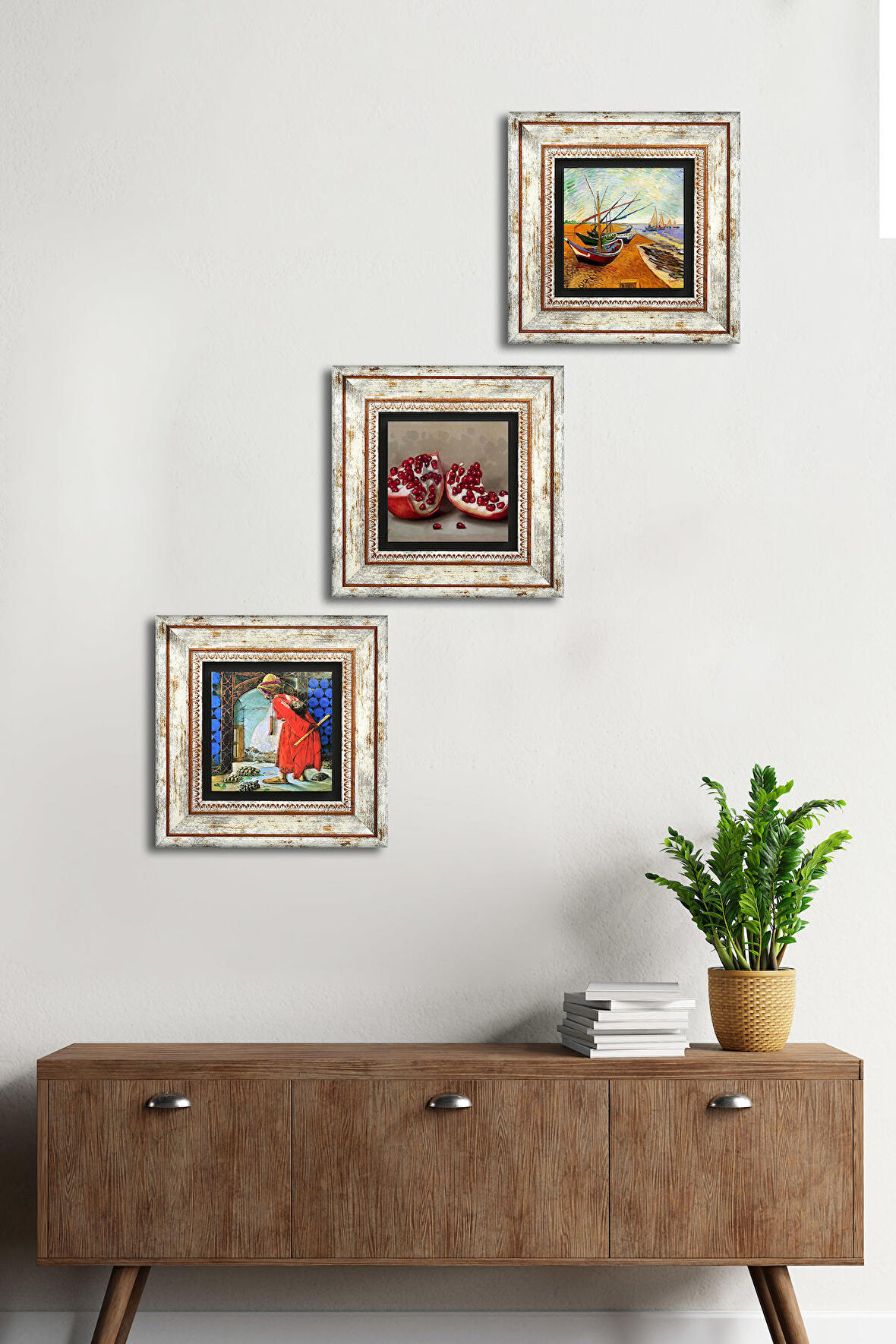 Van Gogh Balıkçı Tekneleri, Kaplumbağa Terbiyecisi, Nar Taş Duvar Tablosu Çerçeveli Duvar Dekoru 3 Parça Tablo Seti Wall Art