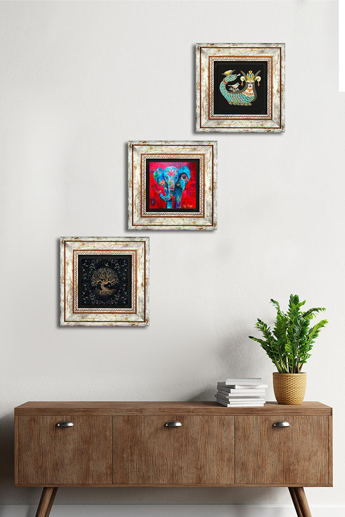 Fil, Hayat Ağacı, Şahmeran Taş Duvar Tablosu Çerçeveli Duvar Dekoru 3 Parça Tablo Seti Wall Art