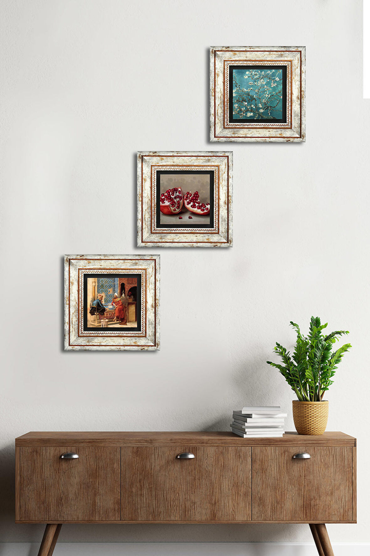 Van Gogh Badem Ağacı, Satranç Oyunu, Nar Taş Duvar Tablosu Çerçeveli Duvar Dekoru 3 Parça Tablo Seti Wall Art