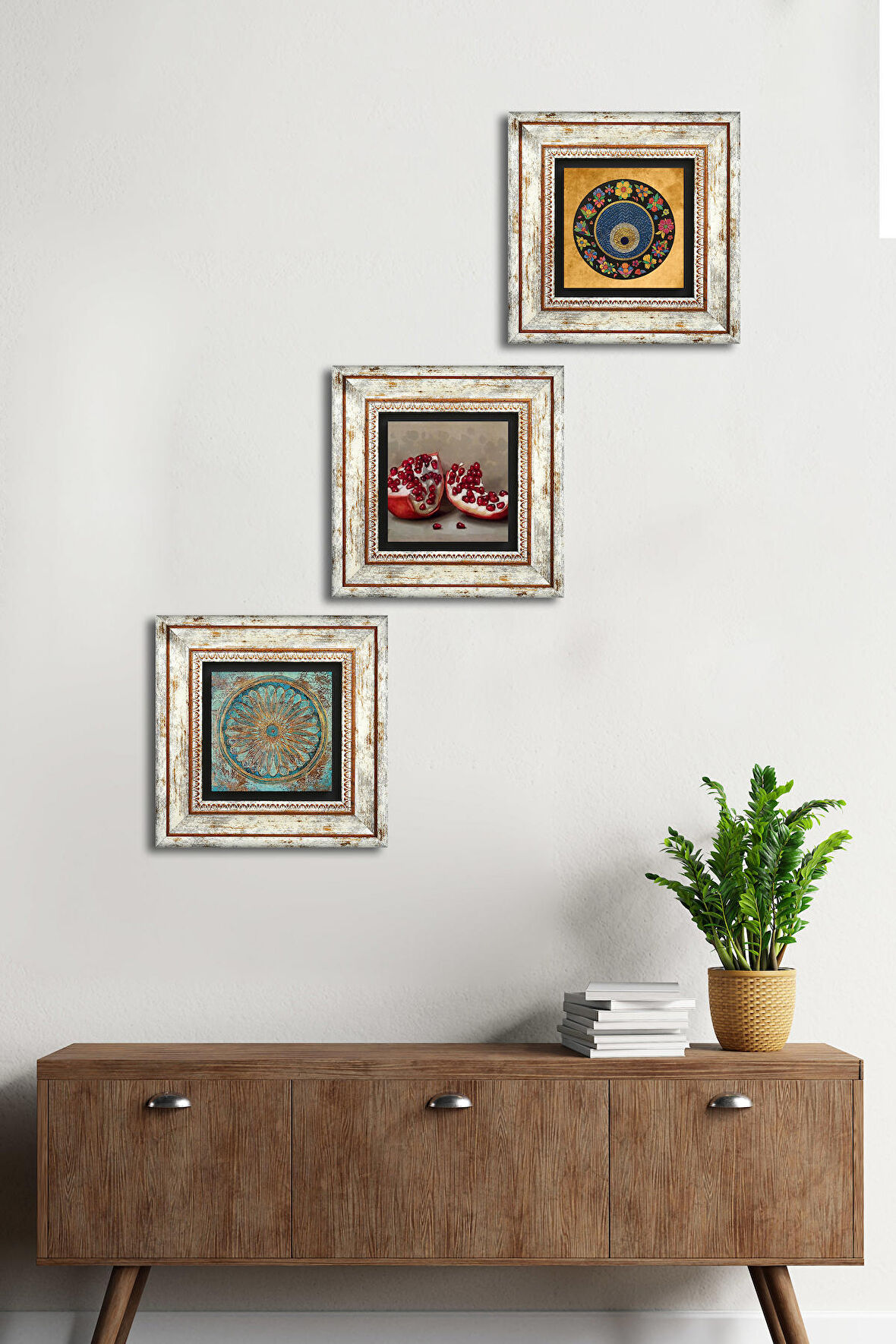 Yaşam Çiçeği, Nazar Boncuğu, Nar Taş Duvar Tablosu Çerçeveli Duvar Dekoru 3 Parça Tablo Seti Wall Art