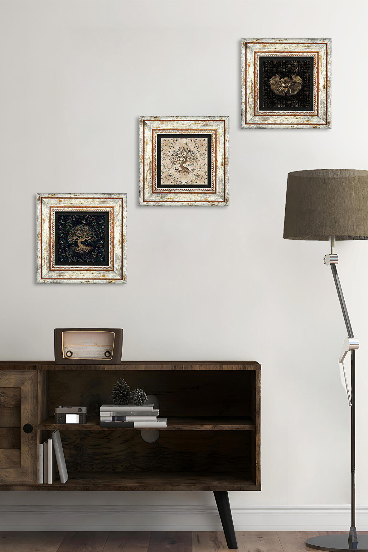 Horus'un Gözü, Hayat Ağacı Taş Duvar Tablosu Çerçeveli Duvar Dekoru 3 Parça Tablo Seti Wall Art