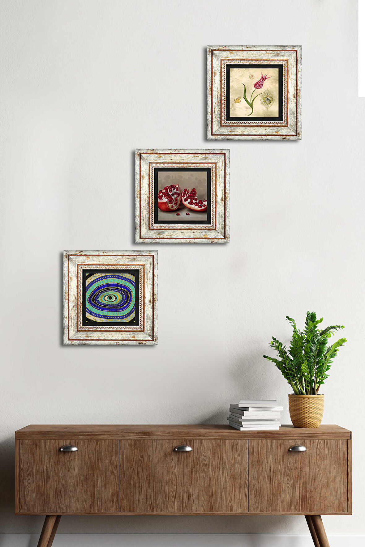 Nazar, Lale Ebru Sanatı, Nar Taş Duvar Tablosu Çerçeveli Duvar Dekoru 3 Parça Tablo Seti Wall Art