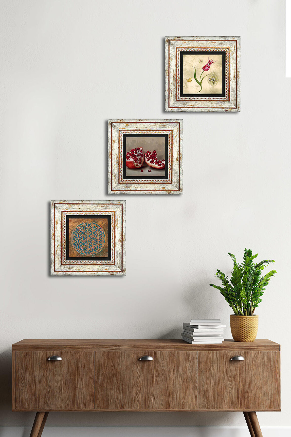 Yaşam Çiçeği, Lale Ebru Sanatı, Nar Taş Duvar Tablosu Çerçeveli Duvar Dekoru 3 Parça Tablo Seti Wall Art