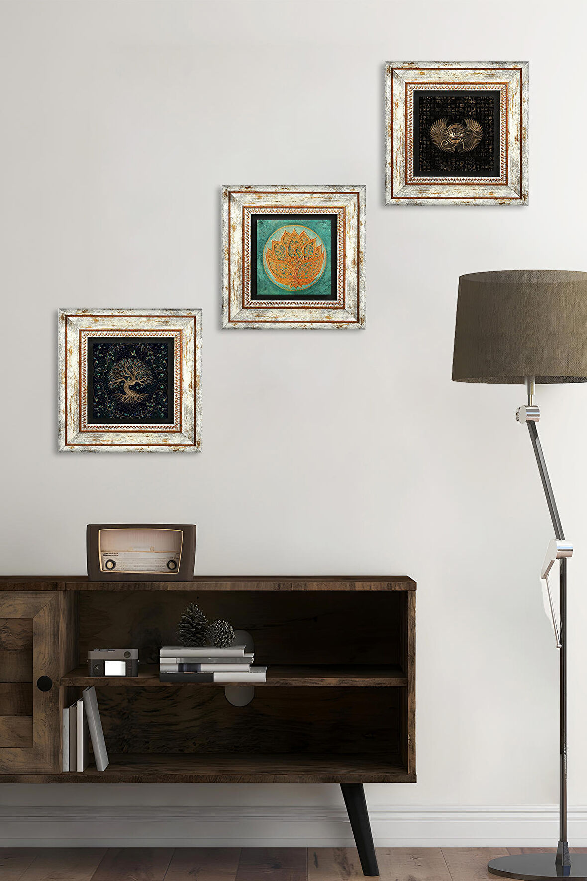 Horus'un Gözü, Lotus Çiçeği, Hayat Ağacı Taş Duvar Tablosu Çerçeveli Duvar Dekoru 3 Parça Tablo Seti Wall Art