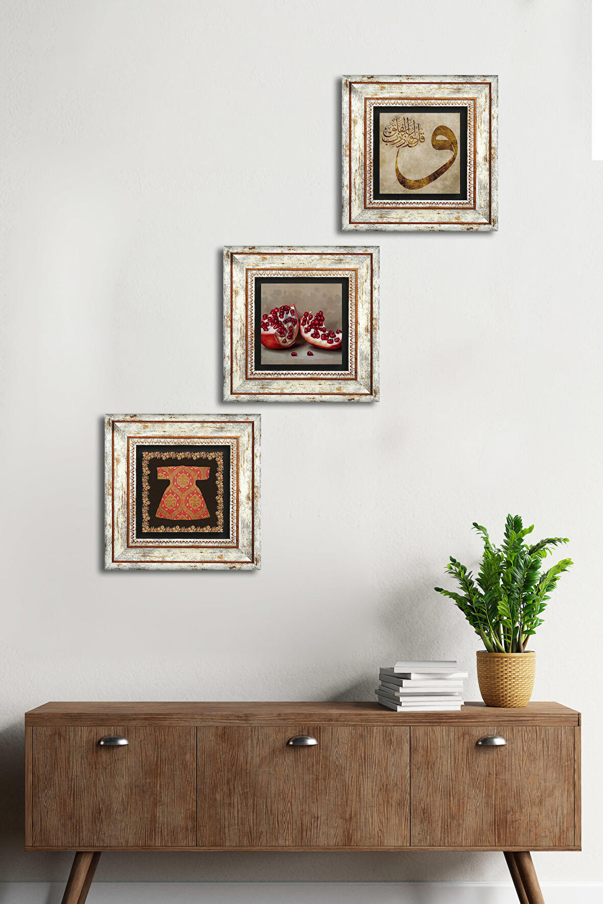 Hırka-i Şerif, Vav, Nar Taş Duvar Tablosu Çerçeveli Duvar Dekoru 3 Parça Tablo Seti Wall Art