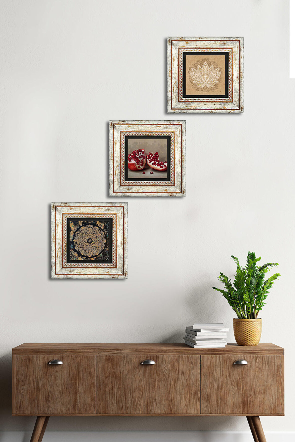 Sri Yantra, Lotus Çiçeği, Nar Taş Duvar Tablosu Çerçeveli Duvar Dekoru 3 Parça Tablo Seti Wall Art