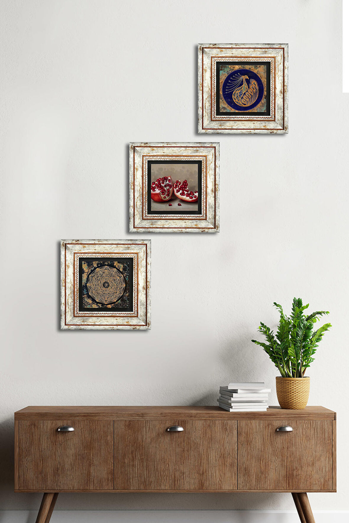 Sri Yantra, Tavus Kuşu, Nar Taş Duvar Tablosu Çerçeveli Duvar Dekoru 3 Parça Tablo Seti Wall Art