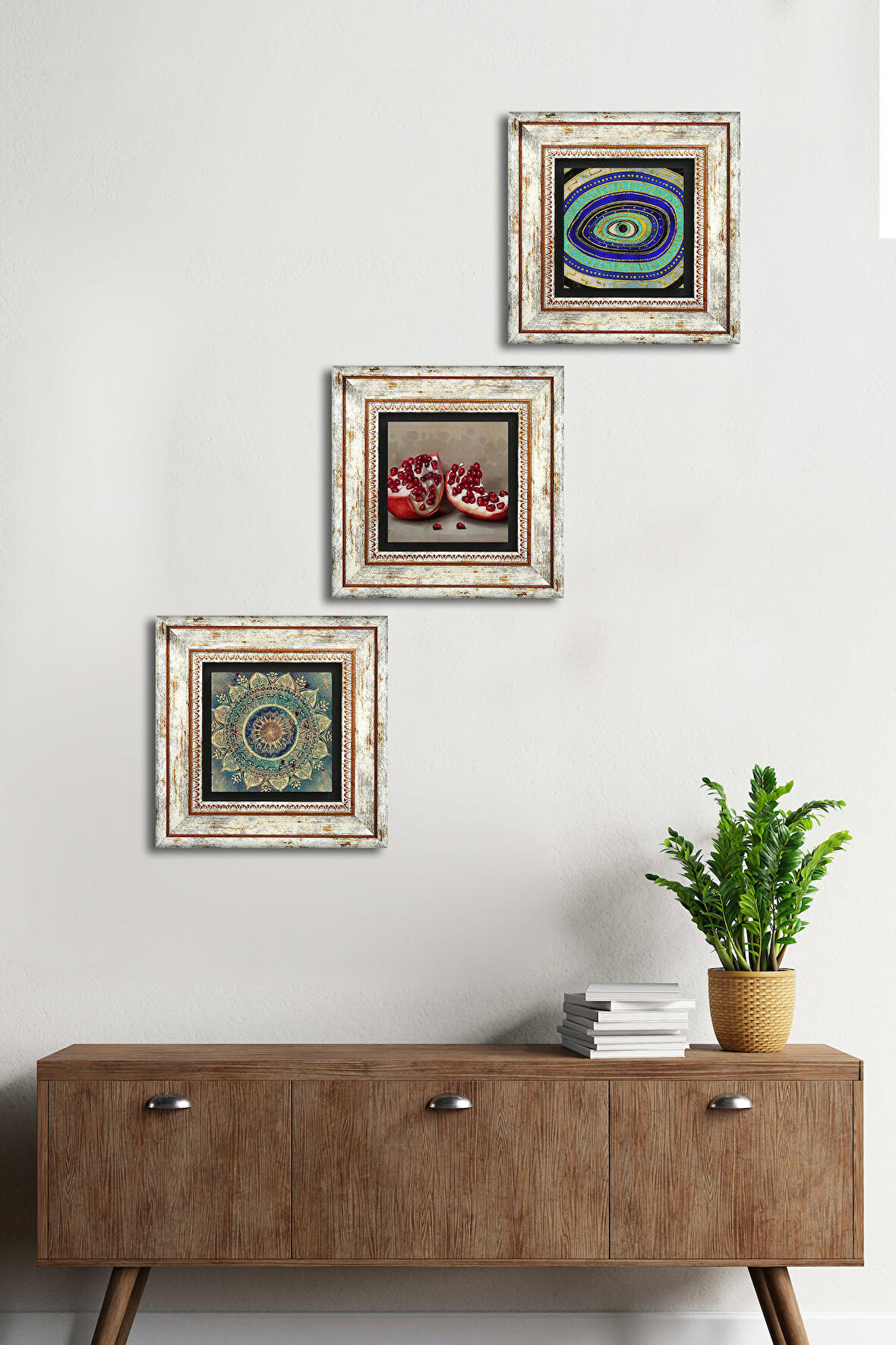 Mandala, Nazar, Nar Taş Duvar Tablosu Çerçeveli Duvar Dekoru 3 Parça Tablo Seti Wall Art