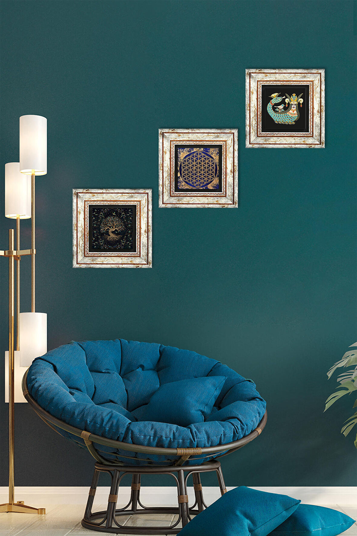 Yaşam Çiçeği, Hayat Ağacı, Şahmeran Taş Duvar Tablosu Çerçeveli Duvar Dekoru 3 Parça Tablo Seti Wall Art