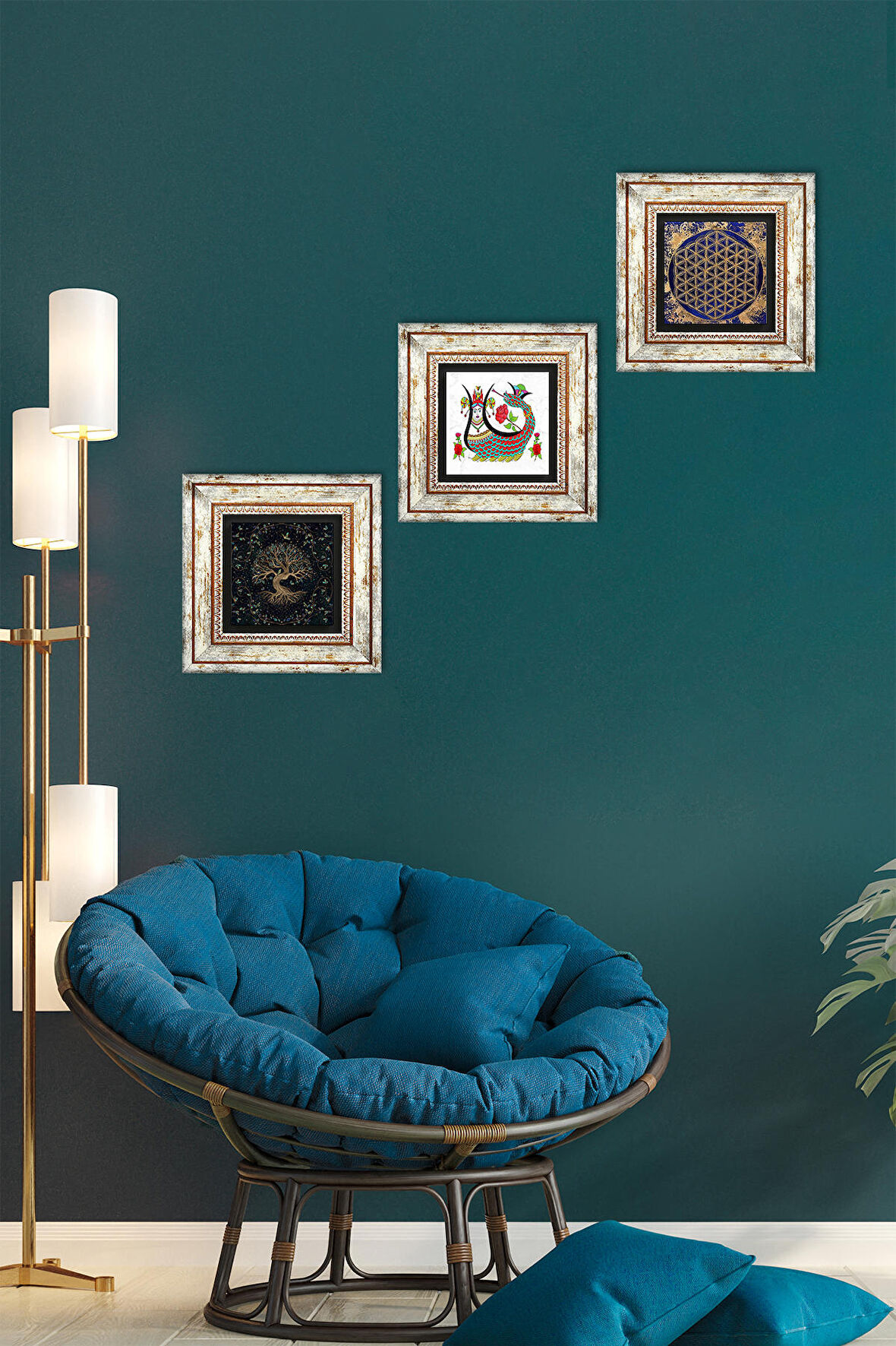 Yaşam Çiçeği, Şahmeran, Hayat Ağacı Taş Duvar Tablosu Çerçeveli Duvar Dekoru 3 Parça Tablo Seti Wall Art