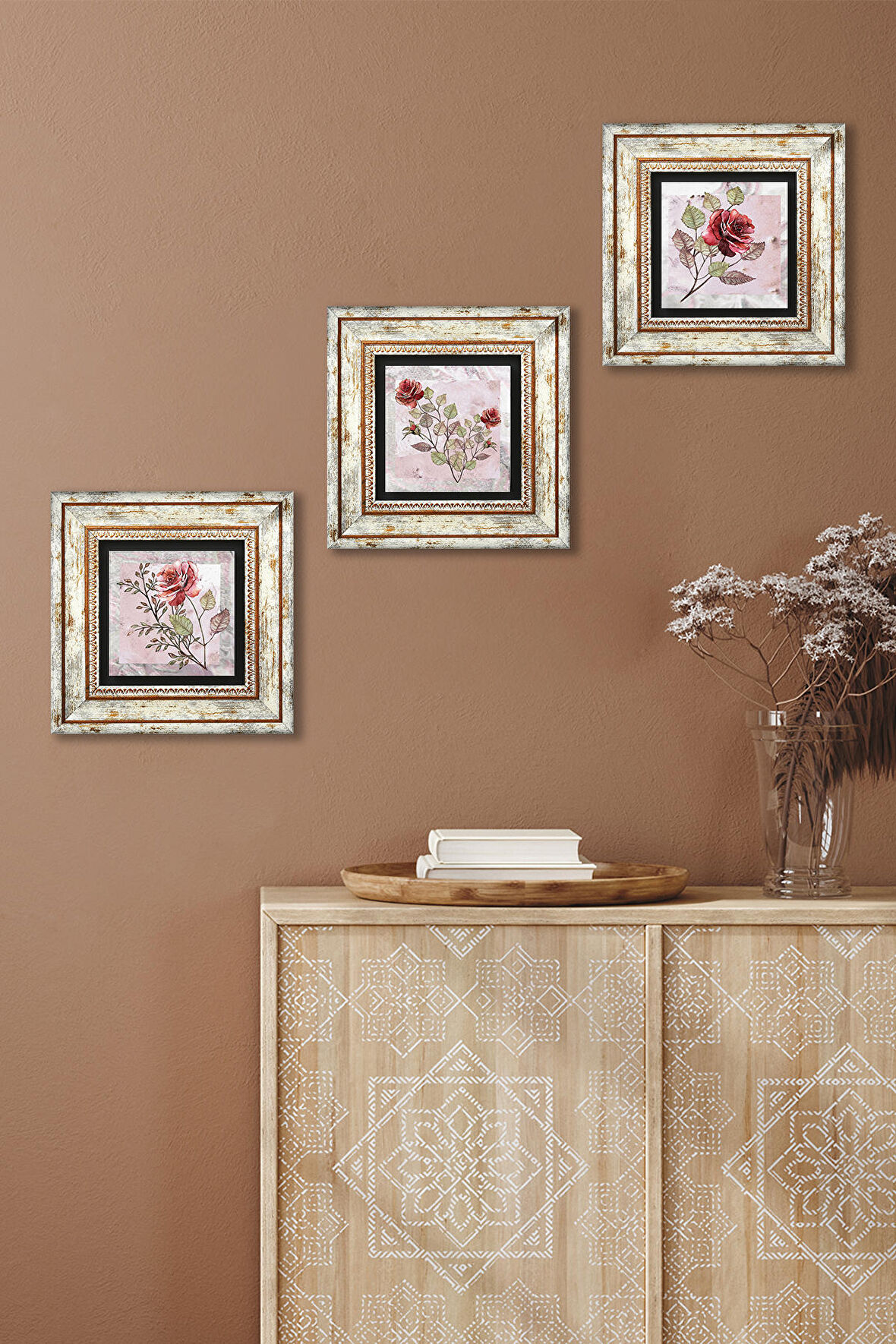 Gül Çiçek Taş Duvar Tablosu Çerçeveli Duvar Dekoru 3 Parça Tablo Seti Wall Art