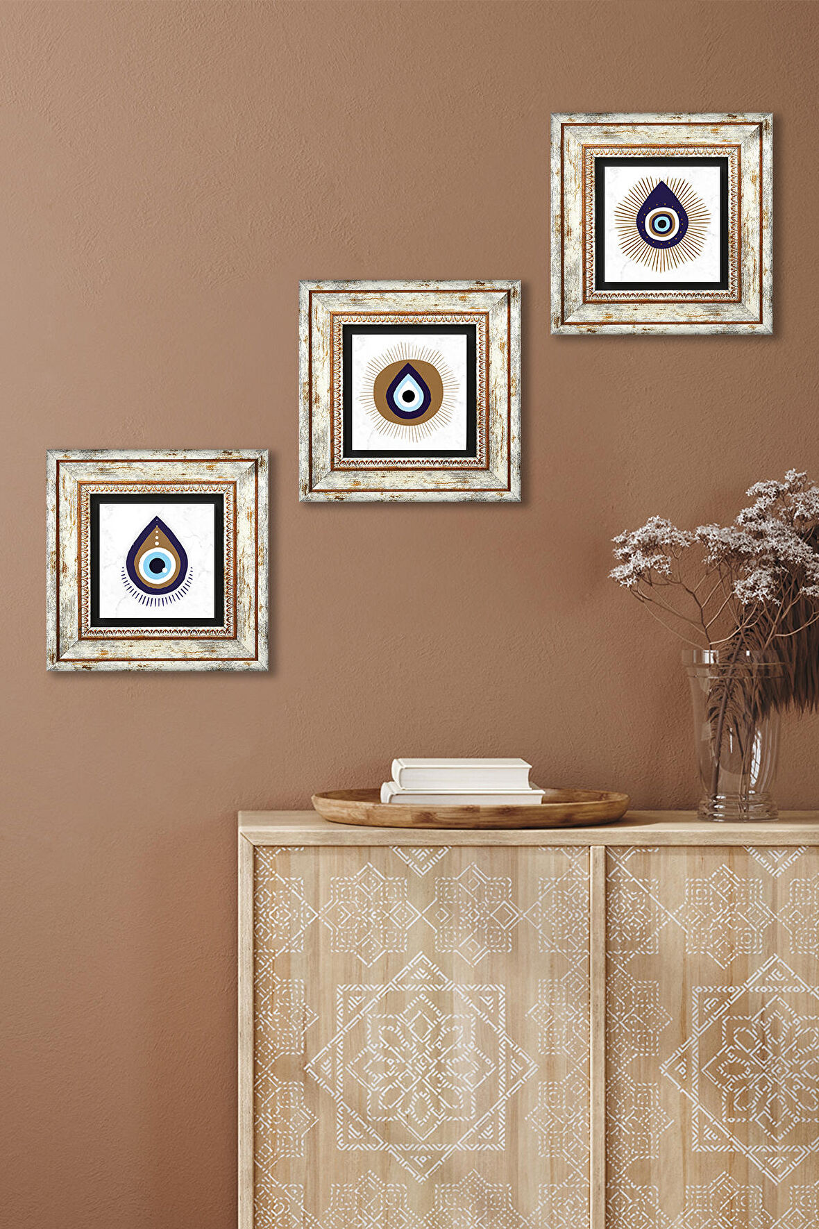 Nazar Taş Duvar Tablosu Çerçeveli Duvar Dekoru 3 Parça Tablo Seti Wall Art