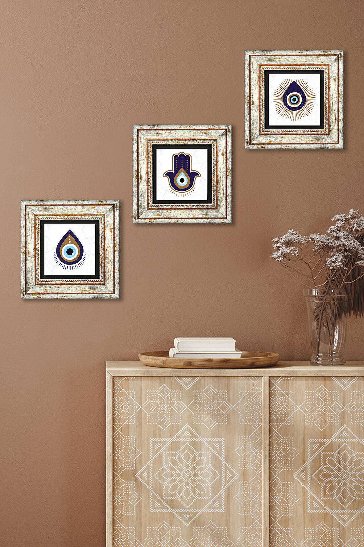 Fatma Ana Eli (Hamsa), Nazar Taş Duvar Tablosu Çerçeveli Duvar Dekoru 3 Parça Tablo Seti Wall Art