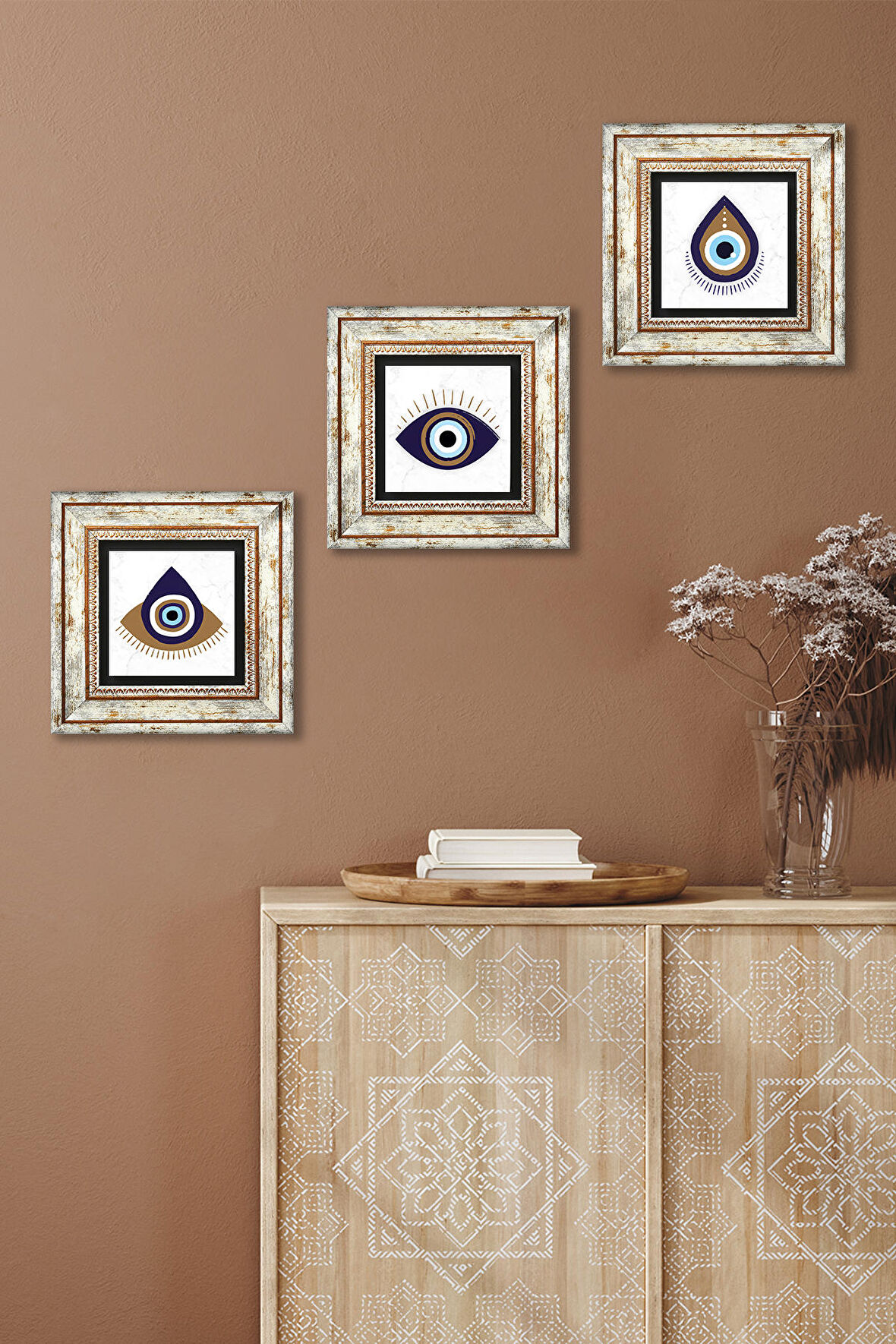 Nazar Taş Duvar Tablosu Çerçeveli Duvar Dekoru 3 Parça Tablo Seti Wall Art