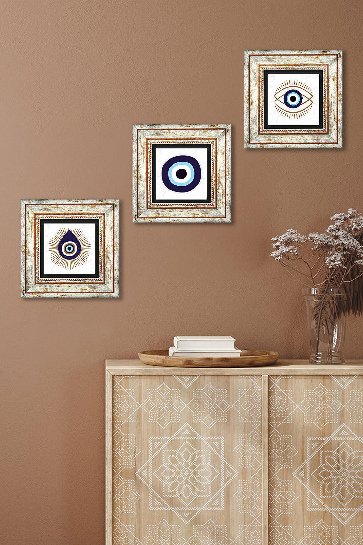 Nazar Taş Duvar Tablosu Çerçeveli Duvar Dekoru 3 Parça Tablo Seti Wall Art