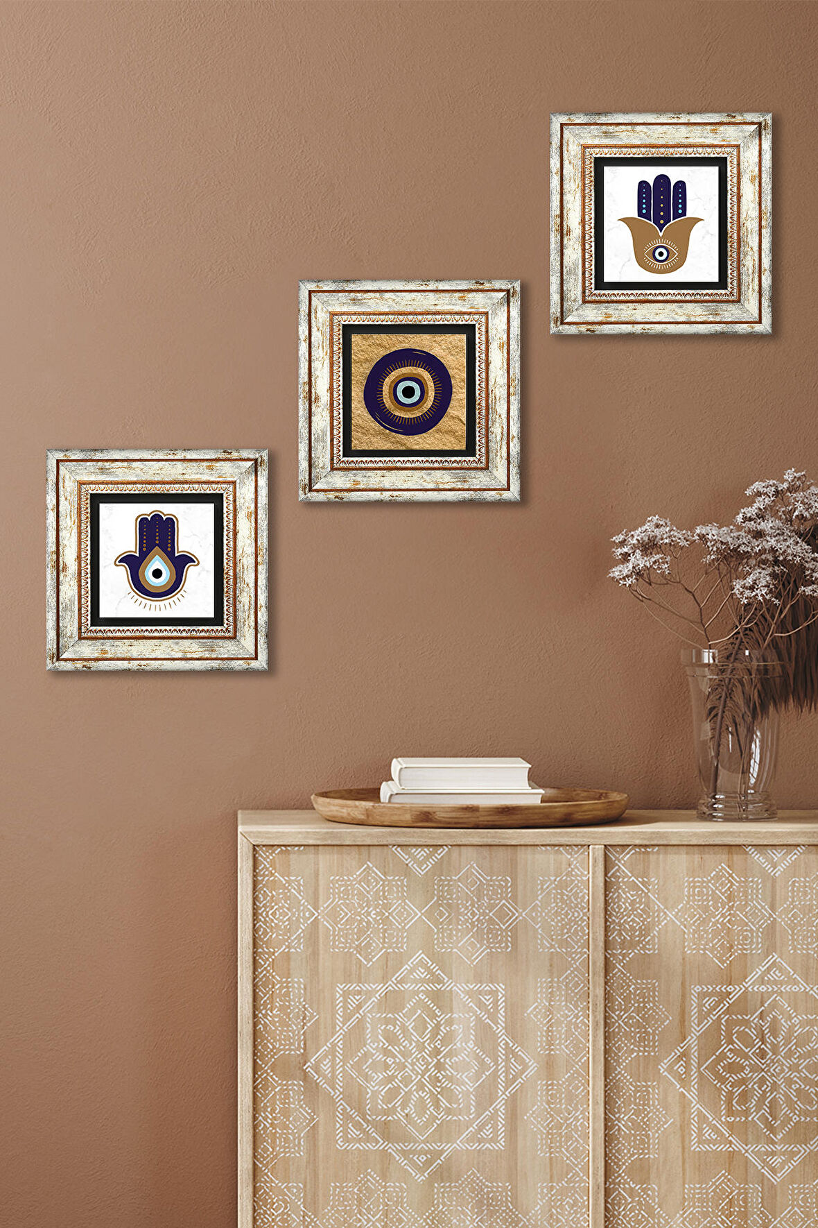 Nazar, Fatma Ana Eli (Hamsa) Taş Duvar Tablosu Çerçeveli Duvar Dekoru 3 Parça Tablo Seti Wall Art