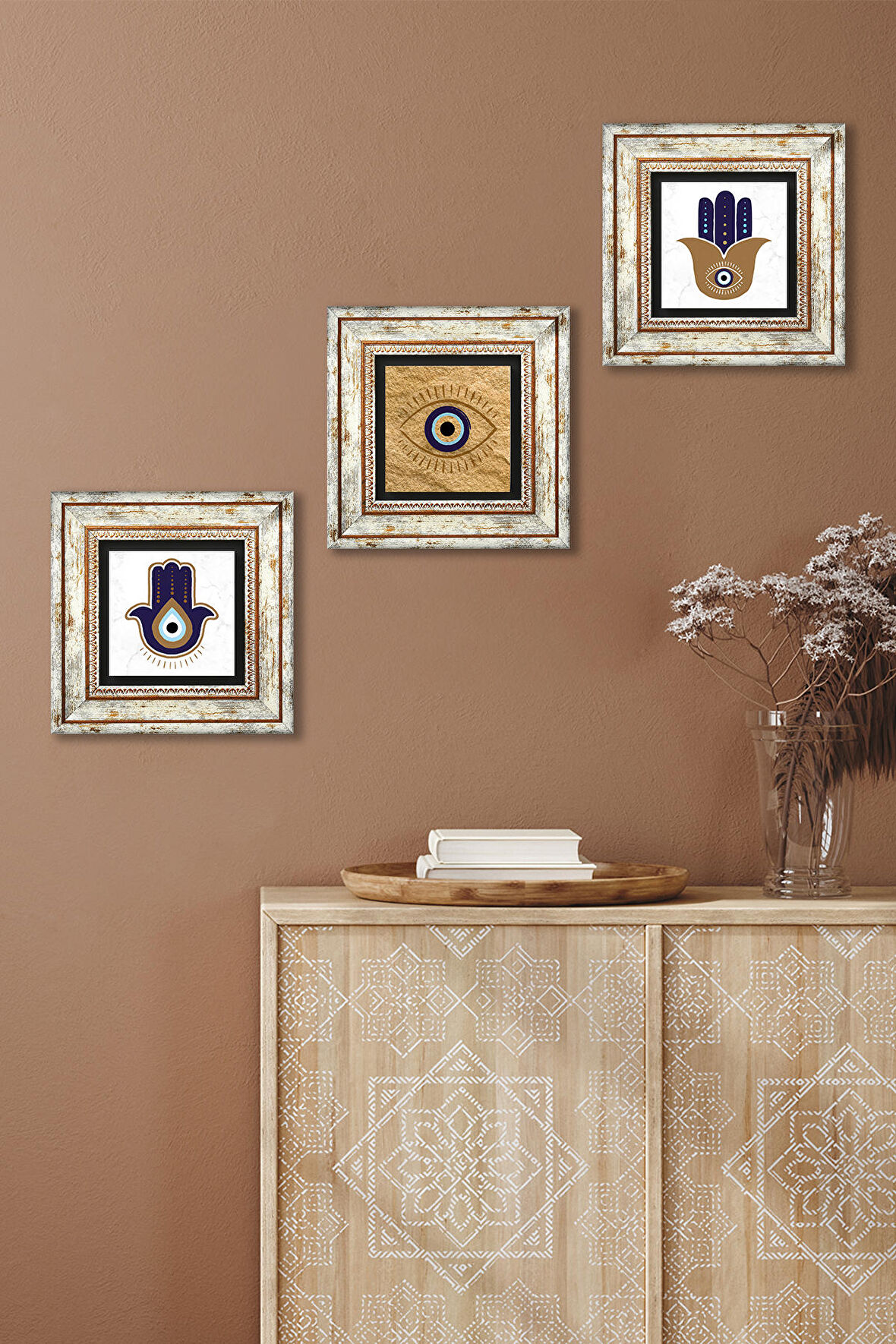 Nazar, Fatma Ana Eli (Hamsa) Taş Duvar Tablosu Çerçeveli Duvar Dekoru 3 Parça Tablo Seti Wall Art