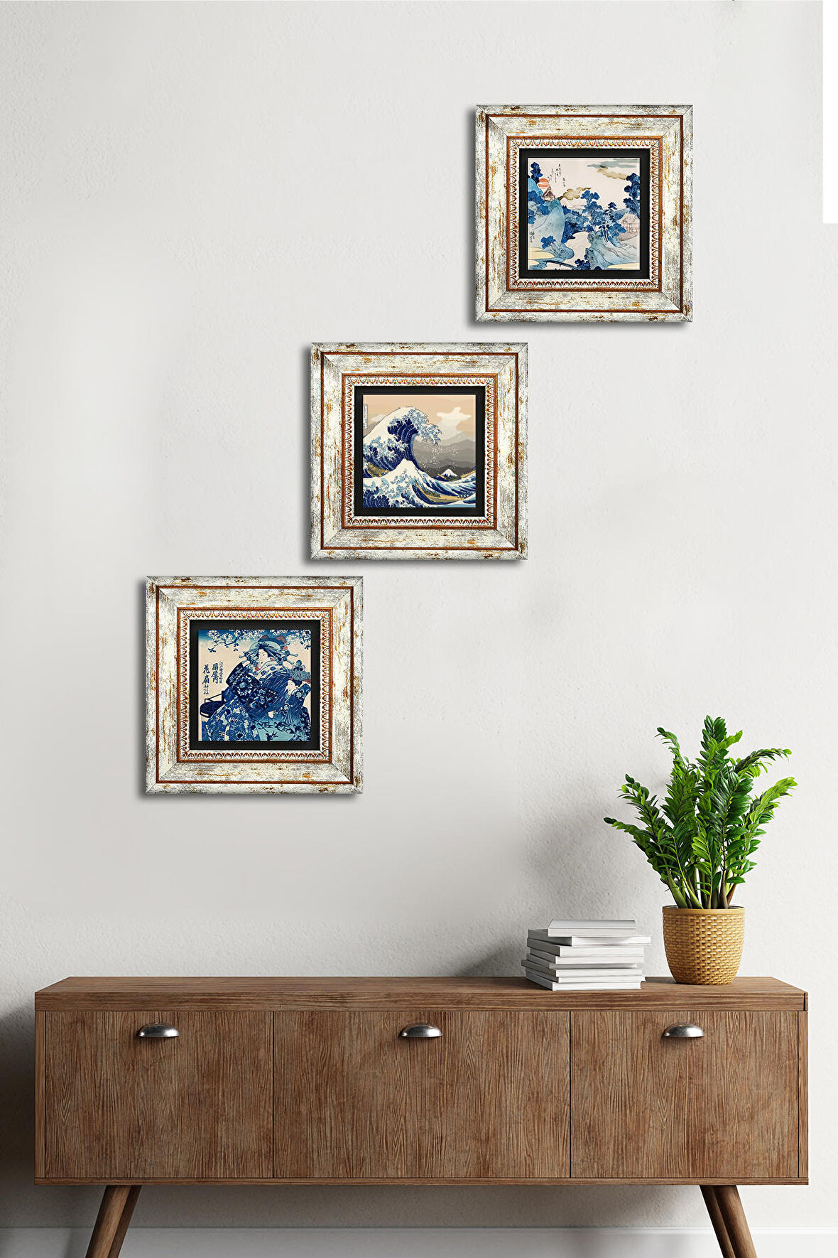 Japon Sanatı, Fuji Dağı, Büyük Dalga Taş Duvar Tablosu Çerçeveli Duvar Dekoru 3 Parça Tablo Seti Wall Art