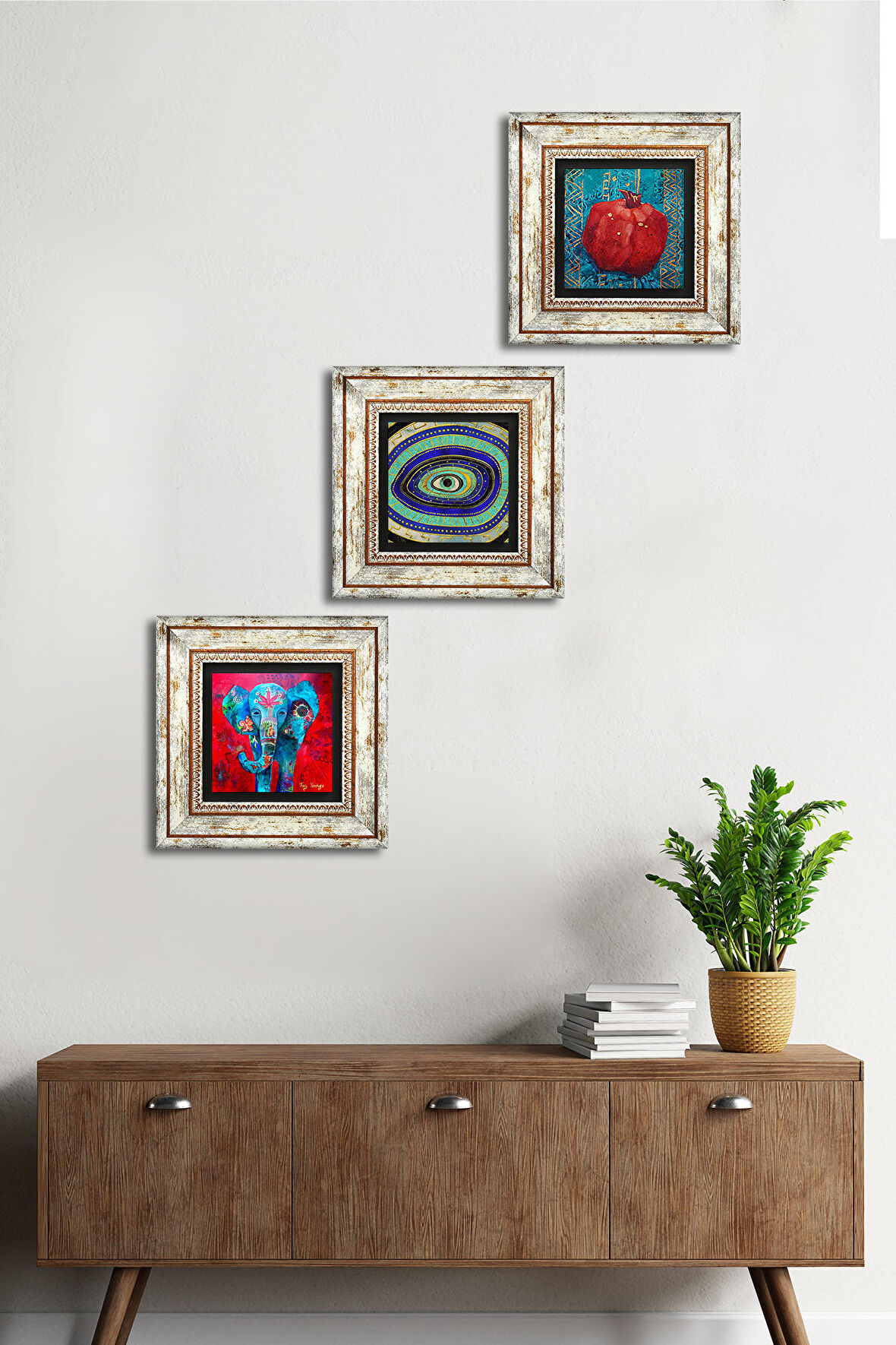 Fil, Nazar, Nar Taş Duvar Tablosu Çerçeveli Duvar Dekoru 3 Parça Tablo Seti Wall Art