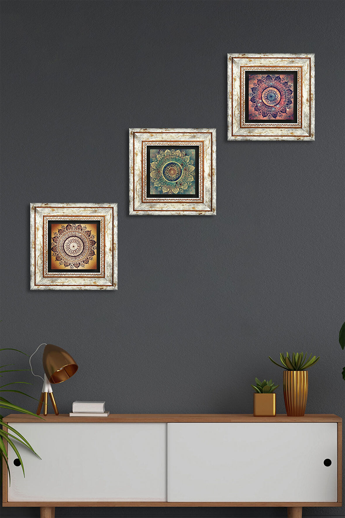 Mandala Taş Duvar Tablosu Çerçeveli Duvar Dekoru 3 Parça Tablo Seti Wall Art