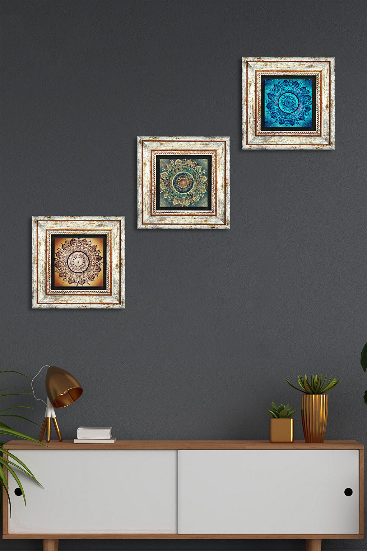Mandala Taş Duvar Tablosu Çerçeveli Duvar Dekoru 3 Parça Tablo Seti Wall Art