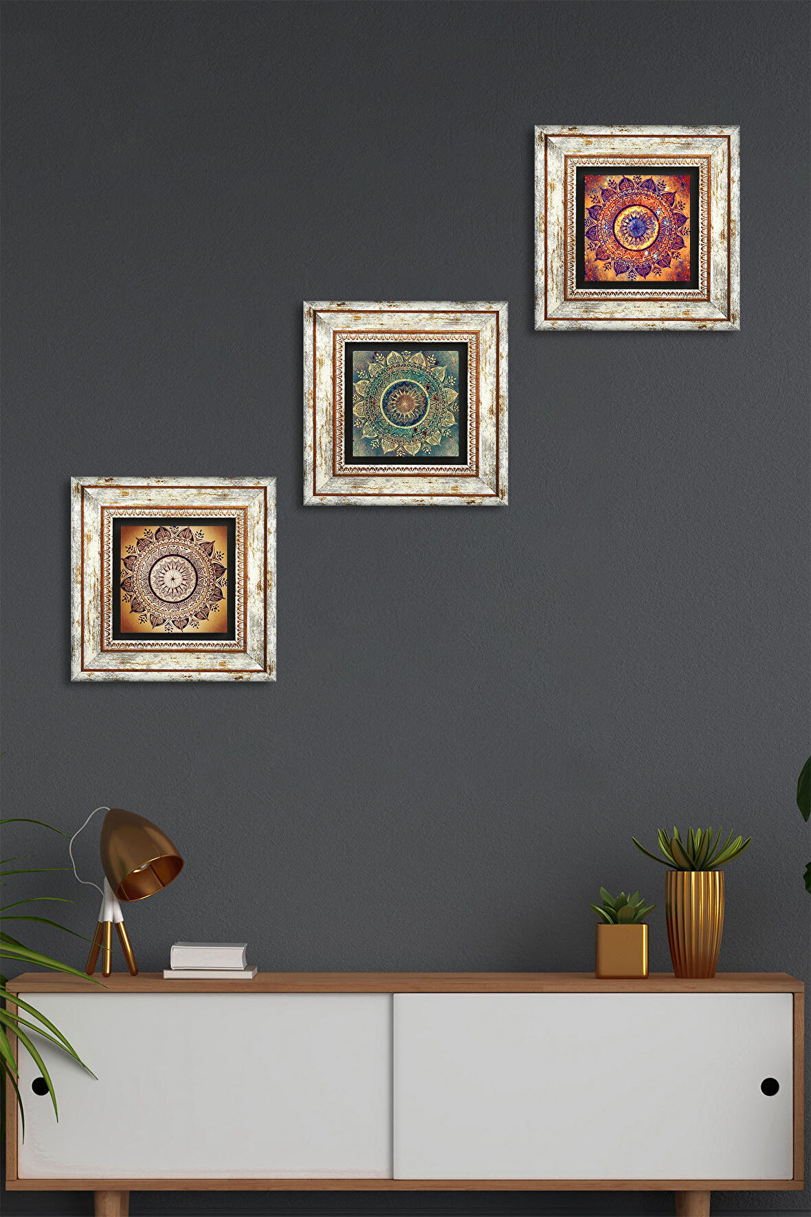 Mandala Taş Duvar Tablosu Çerçeveli Duvar Dekoru 3 Parça Tablo Seti Wall Art