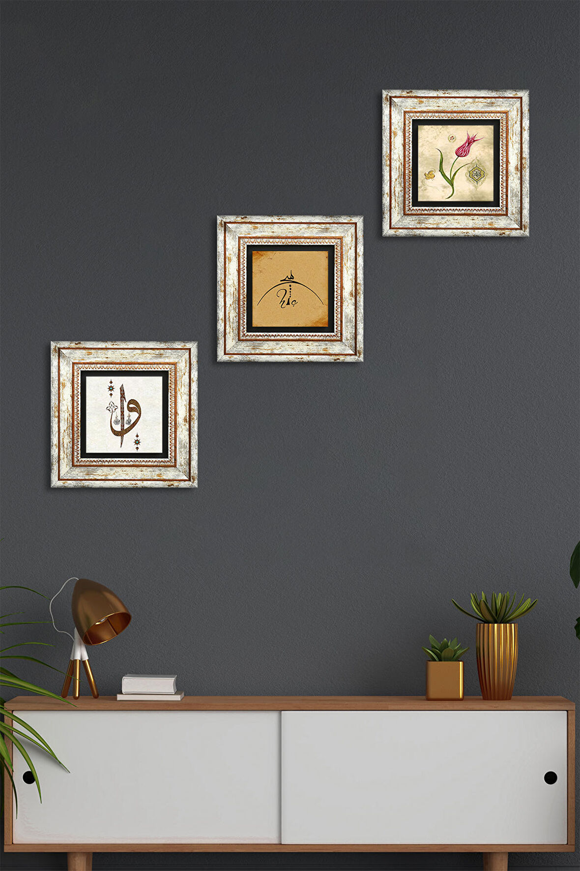 Hiç, Elif Vav, Lale Ebru Sanatı Taş Duvar Tablosu Çerçeveli Duvar Dekoru 3 Parça Tablo Seti Wall Art