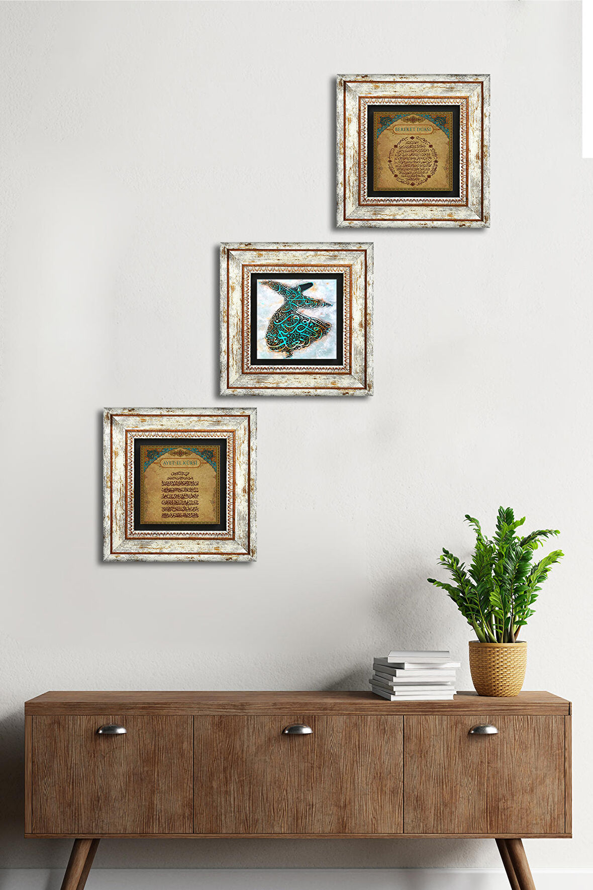 Semazen, Bereket Duası, Ayet-el Kürsi Taş Duvar Tablosu Çerçeveli Duvar Dekoru 3 Parça Tablo Seti Wall Art