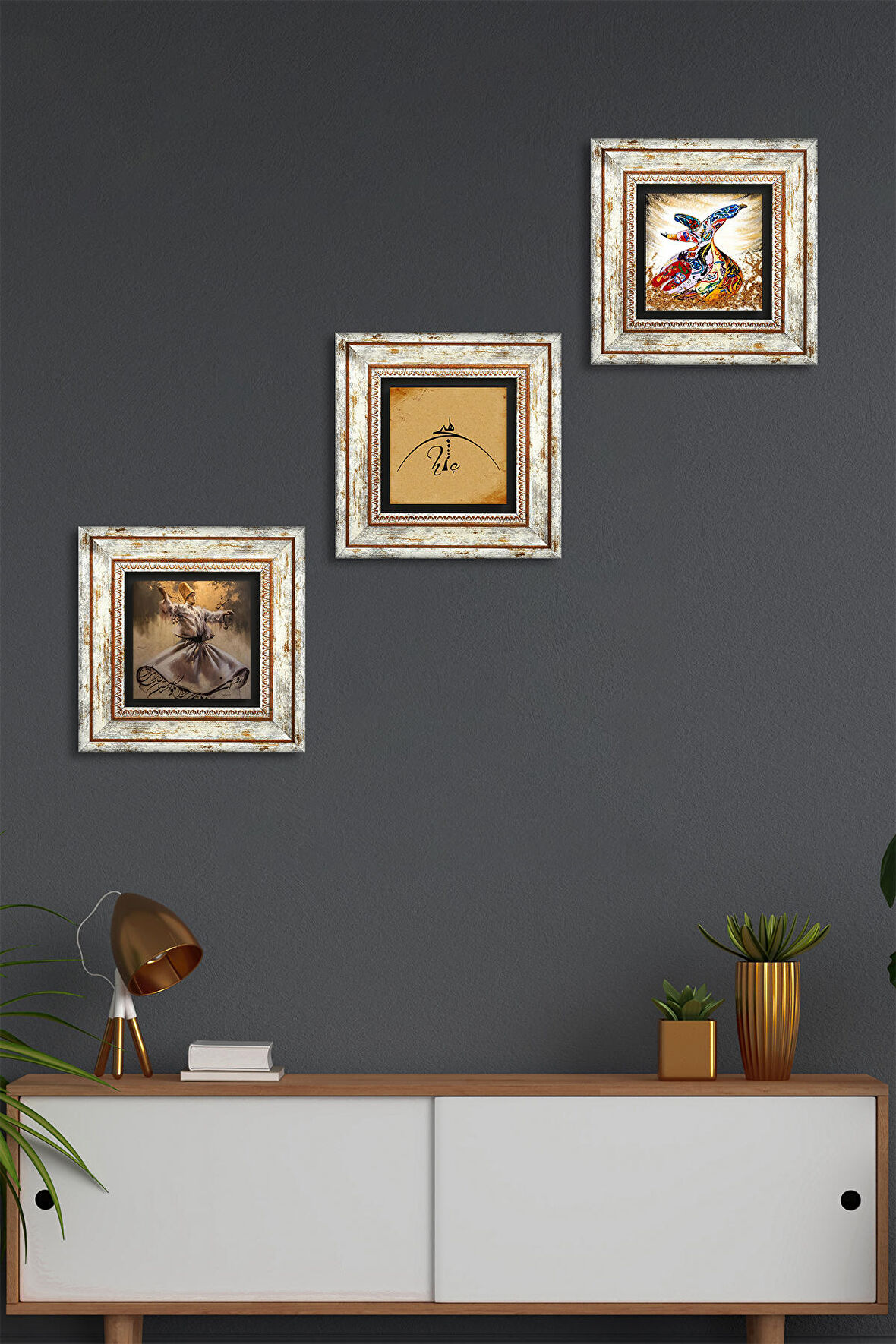 Hiç, Semazen Taş Duvar Tablosu Çerçeveli Duvar Dekoru 3 Parça Tablo Seti Wall Art