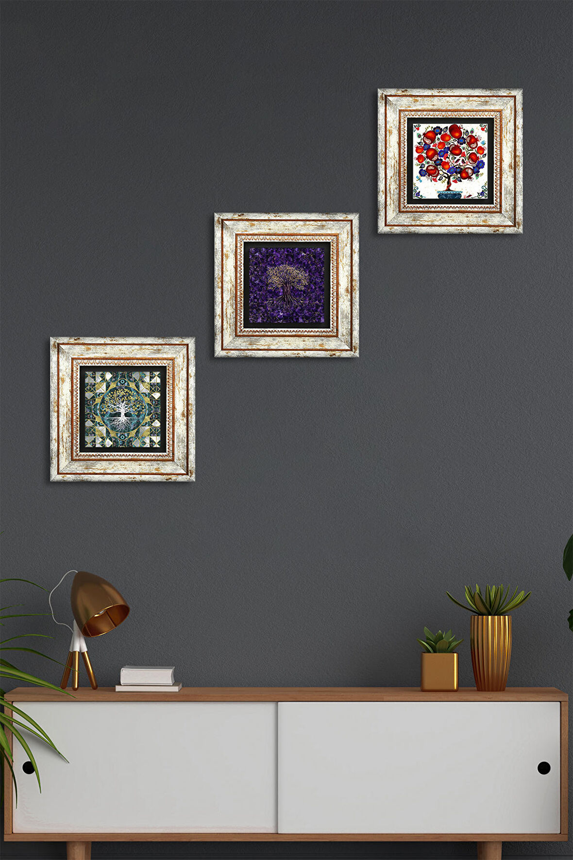 Hayat Ağacı, Nar Ağacı Taş Duvar Tablosu Çerçeveli Duvar Dekoru 3 Parça Tablo Seti Wall Art