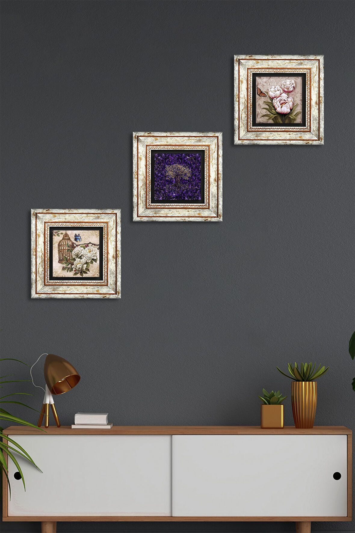 Hayat Ağacı, Kelebekli Çiçek Taş Duvar Tablosu Çerçeveli Duvar Dekoru 3 Parça Tablo Seti Wall Art