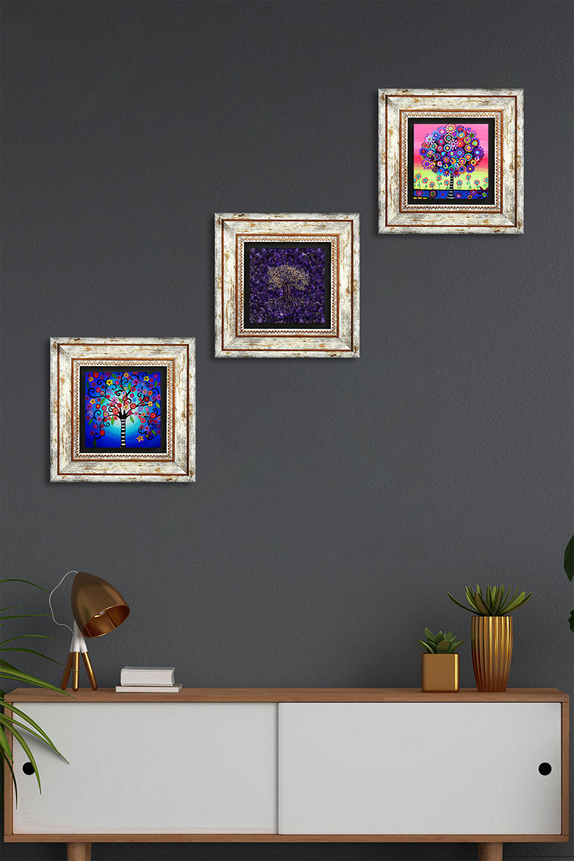 Hayat Ağacı Taş Duvar Tablosu Çerçeveli Duvar Dekoru 3 Parça Tablo Seti Wall Art