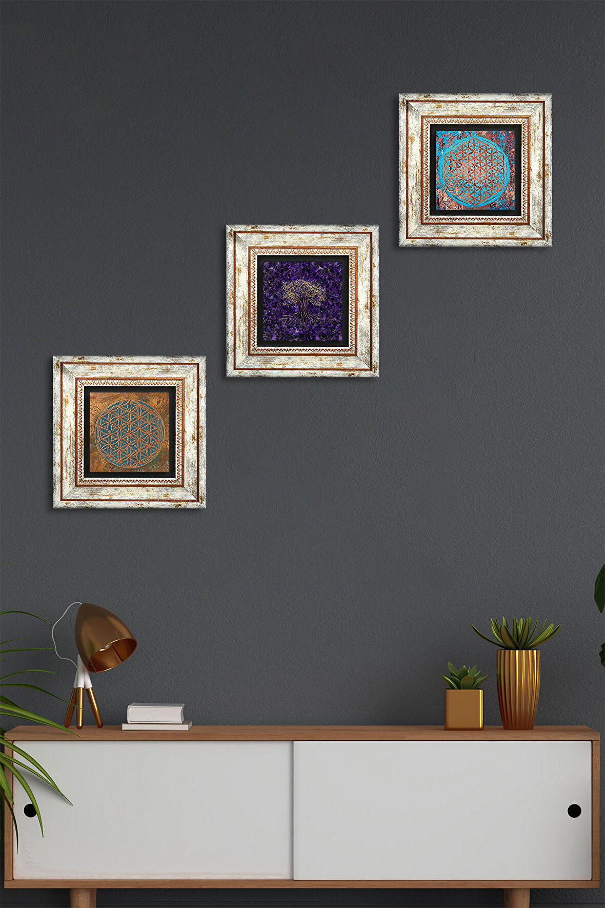 Hayat Ağacı, Yaşam Çiçeği Taş Duvar Tablosu Çerçeveli Duvar Dekoru 3 Parça Tablo Seti Wall Art