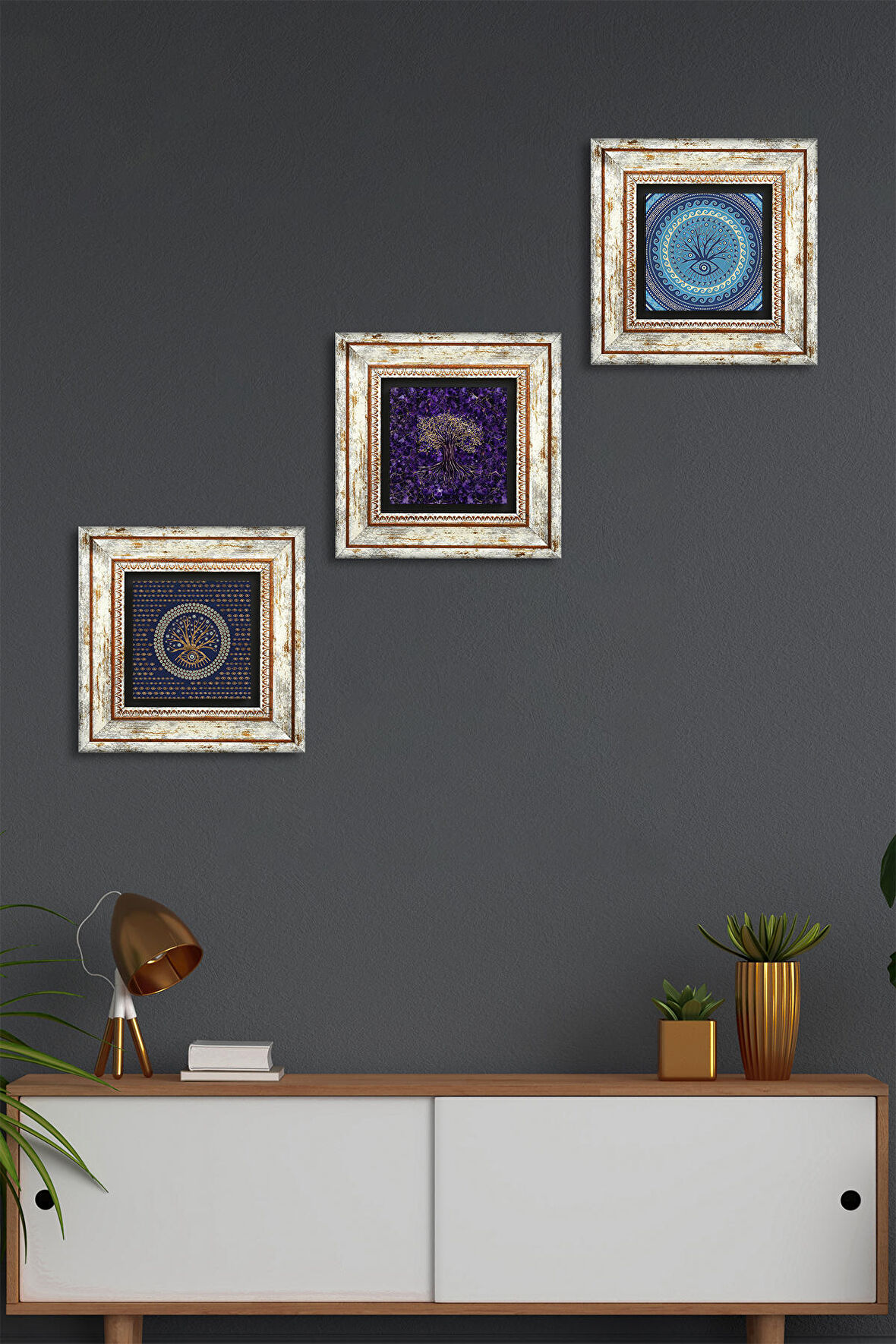 Hayat Ağacı, Nazar Taş Duvar Tablosu Çerçeveli Duvar Dekoru 3 Parça Tablo Seti Wall Art