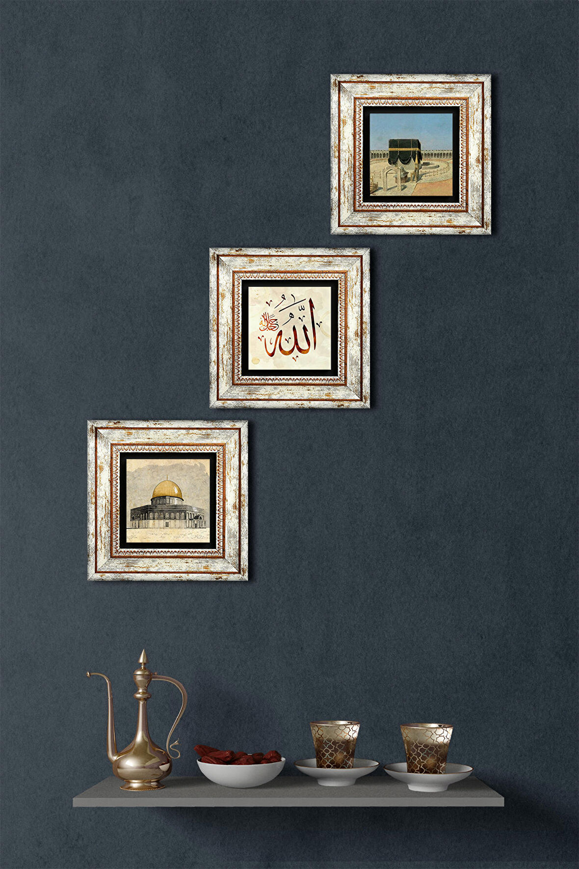 Kabe-i Muazzama, Mescid-i Aksa, Allah Lafzı Taş Duvar Tablosu Çerçeveli Duvar Dekoru 3 Parça Tablo Seti Wall Art