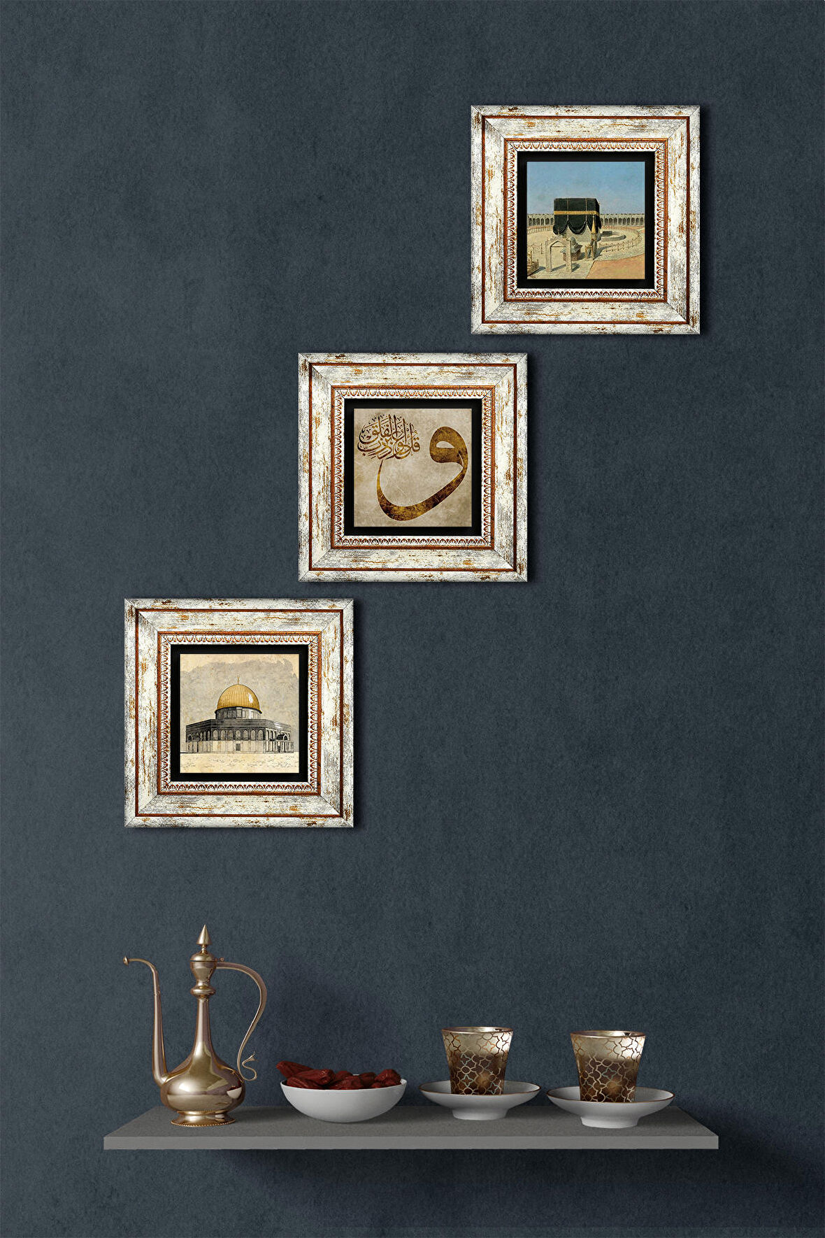 Kabe-i Muazzama, Mescid-i Aksa, Vav Taş Duvar Tablosu Çerçeveli Duvar Dekoru 3 Parça Tablo Seti Wall Art