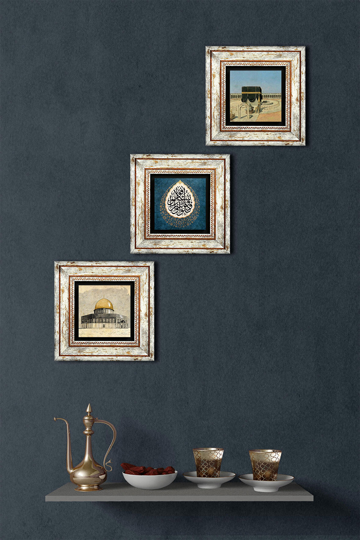 Kabe-i Muazzama, Mescid-i Aksa, Araf Suresi 31.Ayet Taş Duvar Tablosu Çerçeveli Duvar Dekoru 3 Parça Tablo Seti Wall Art