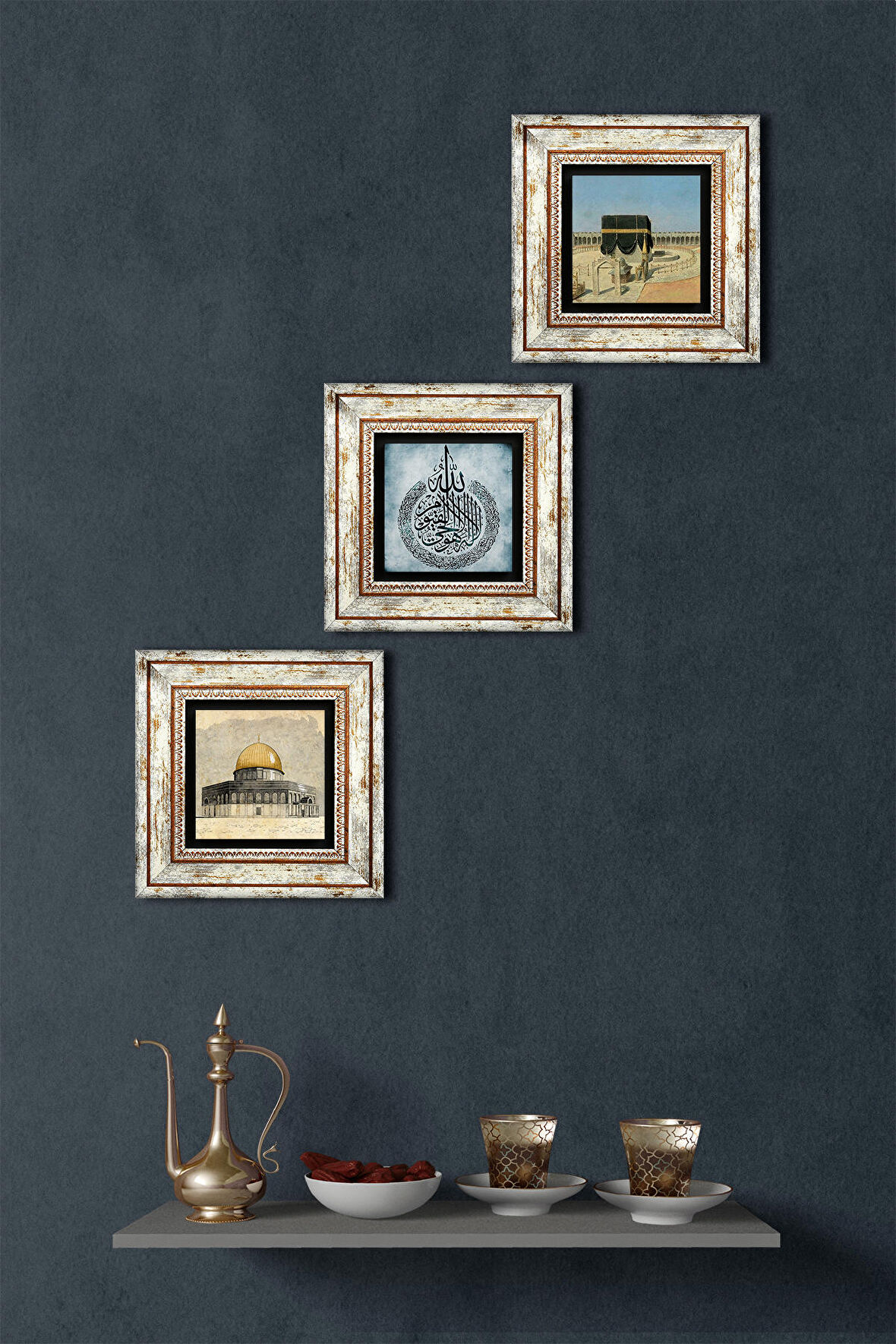 Ayet-el Kürsi, Kabe-i Muazzama, Mescid-i Aksa Taş Duvar Tablosu Çerçeveli Duvar Dekoru 3 Parça Tablo Seti Wall Art