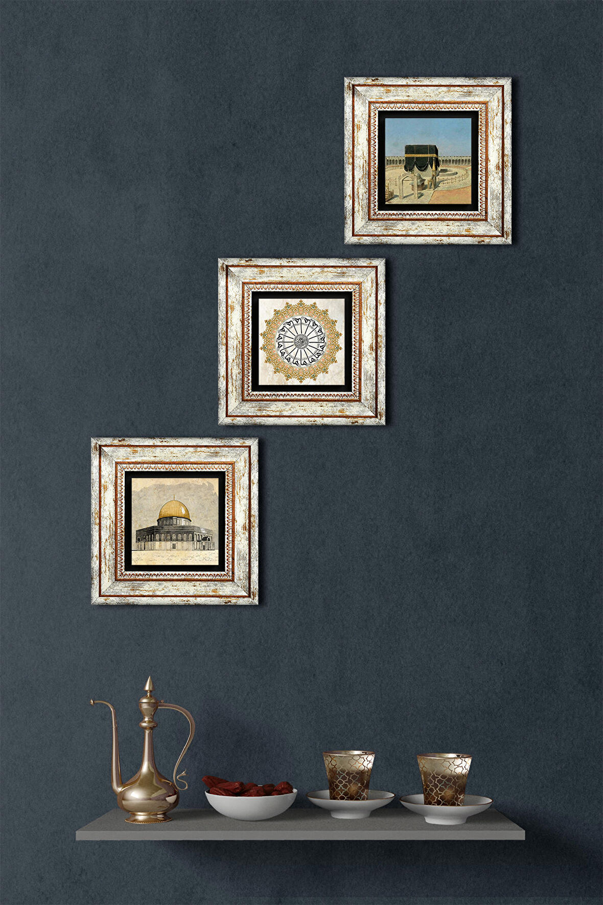 Şems Suresi, Kabe-i Muazzama, Mescid-i Aksa Taş Duvar Tablosu Çerçeveli Duvar Dekoru 3 Parça Tablo Seti Wall Art