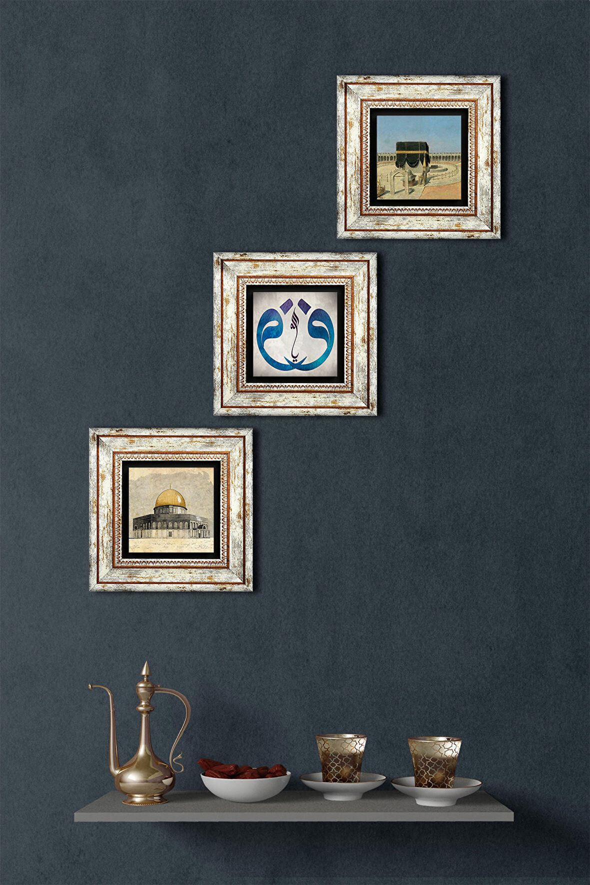 Vav, Kabe-i Muazzama, Mescid-i Aksa Taş Duvar Tablosu Çerçeveli Duvar Dekoru 3 Parça Tablo Seti Wall Art