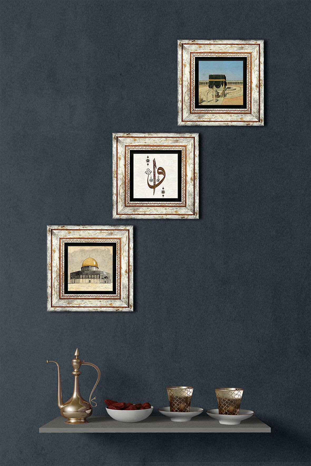 Elif Vav, Kabe-i Muazzama, Mescid-i Aksa Taş Duvar Tablosu Çerçeveli Duvar Dekoru 3 Parça Tablo Seti Wall Art