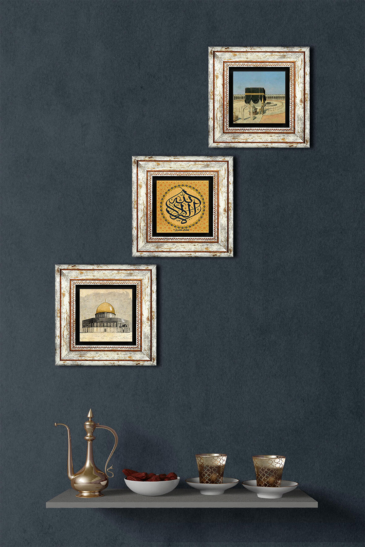 La İlahe İllallah, Kabe-i Muazzama, Mescid-i Aksa Taş Duvar Tablosu Çerçeveli Duvar Dekoru 3 Parça Tablo Seti Wall Art