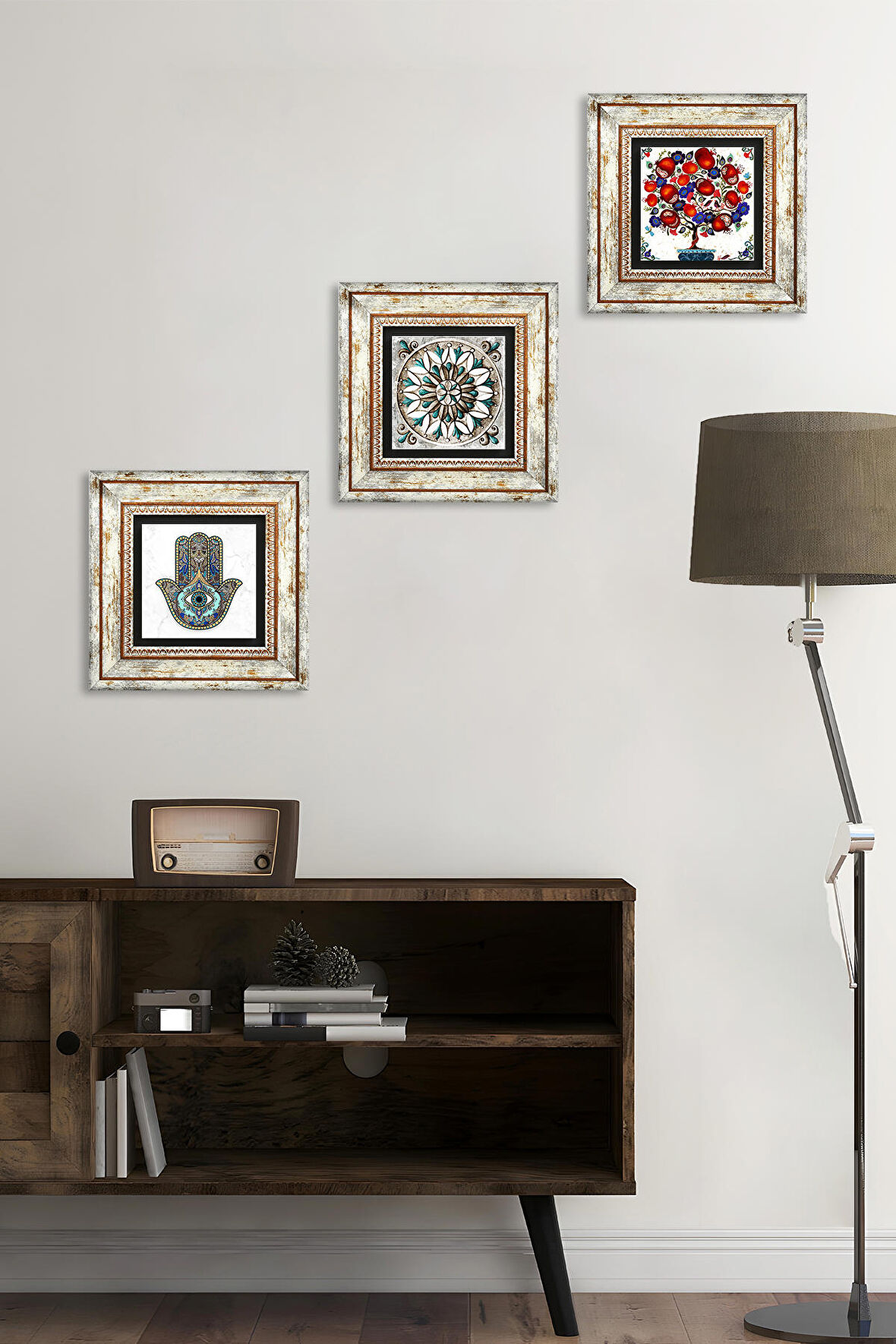 Çini Sanatı, Nar Ağacı, Fatma Ana Eli (Hamsa) Taş Duvar Tablosu Çerçeveli Duvar Dekoru 3 Parça Tablo Seti Wall Art